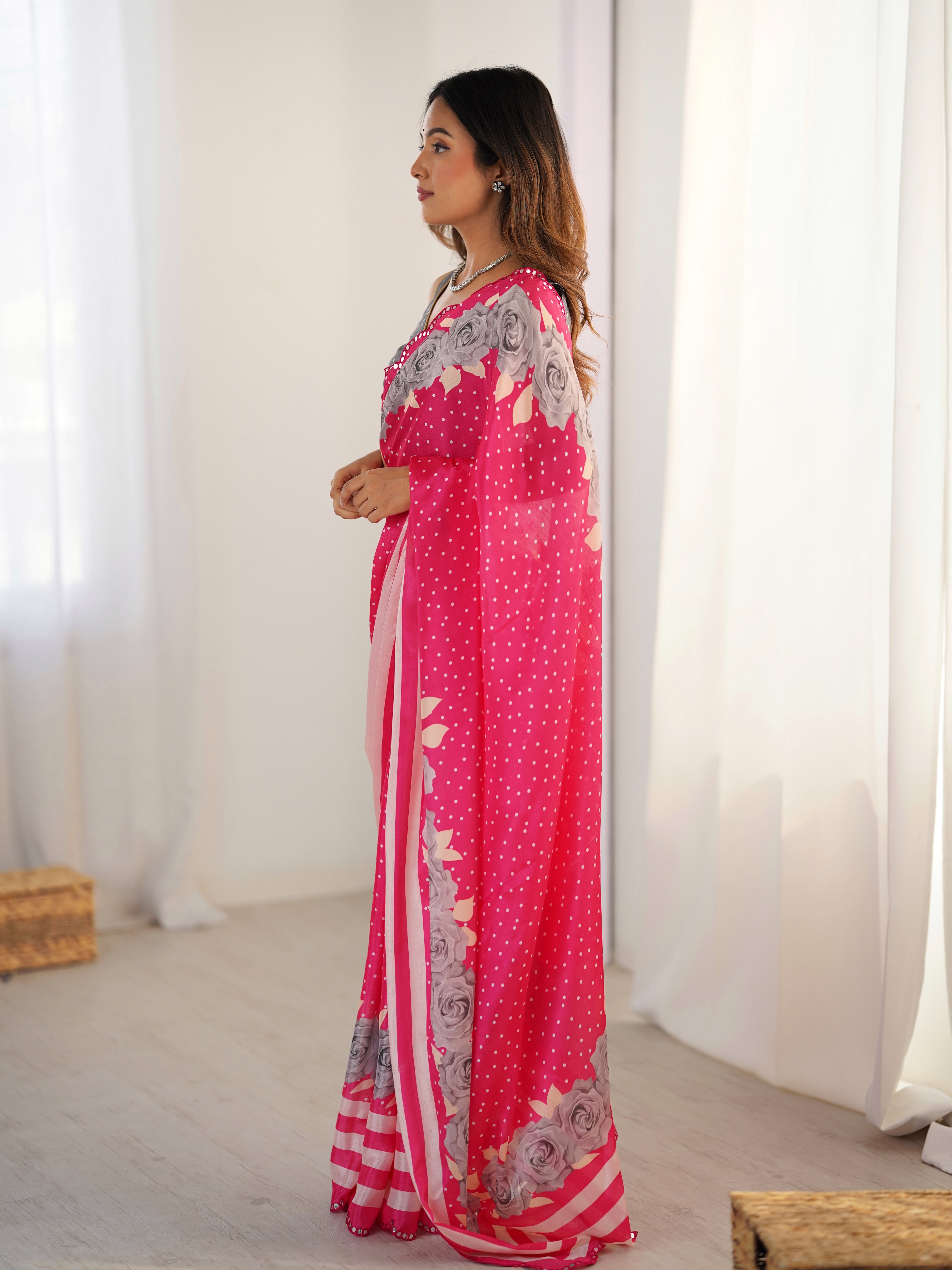 Elegant Pink Chinnon Saree with Kutchi Mirror Work Lace Border