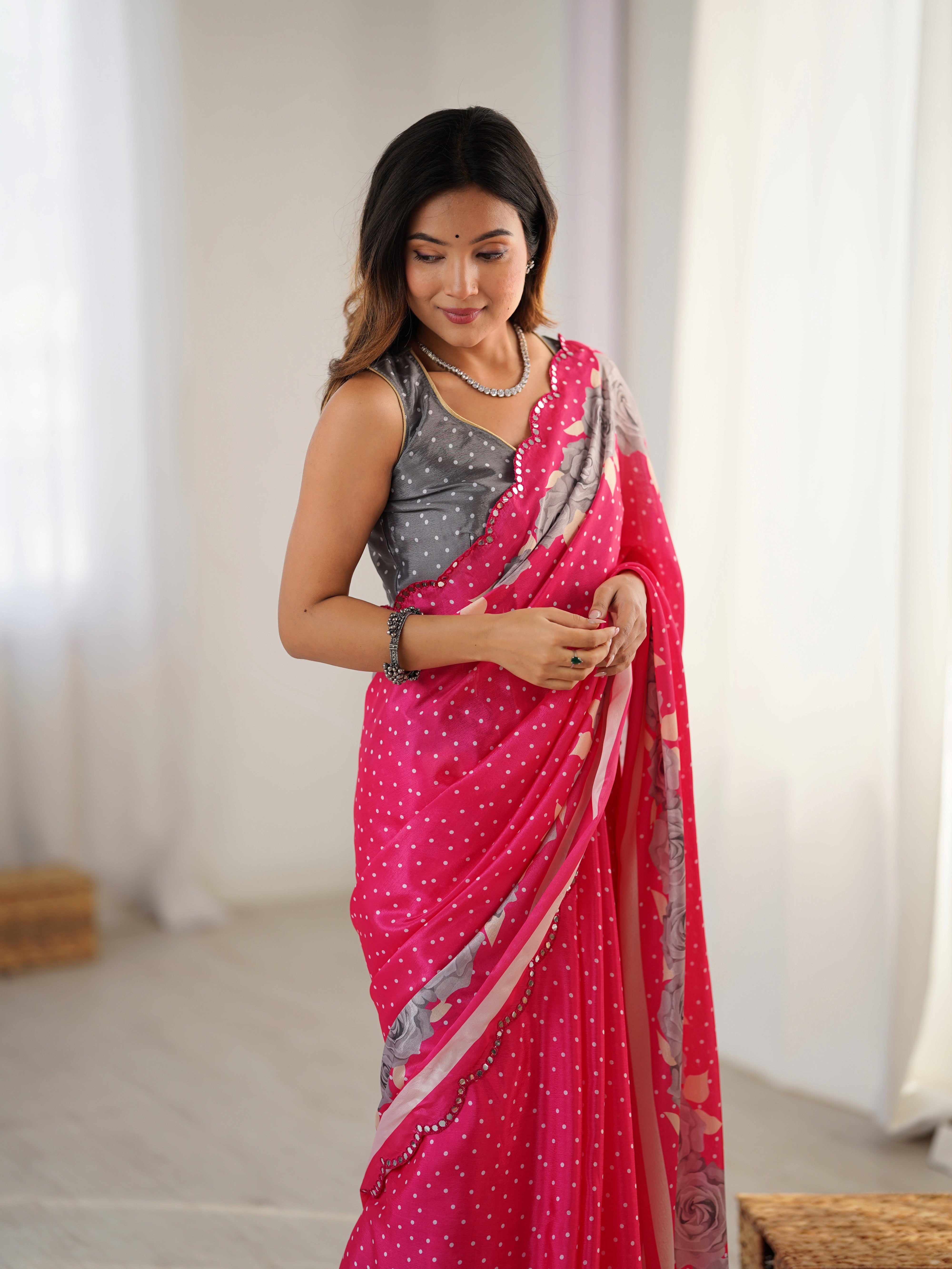 Elegant Pink Chinnon Saree with Kutchi Mirror Work Lace Border