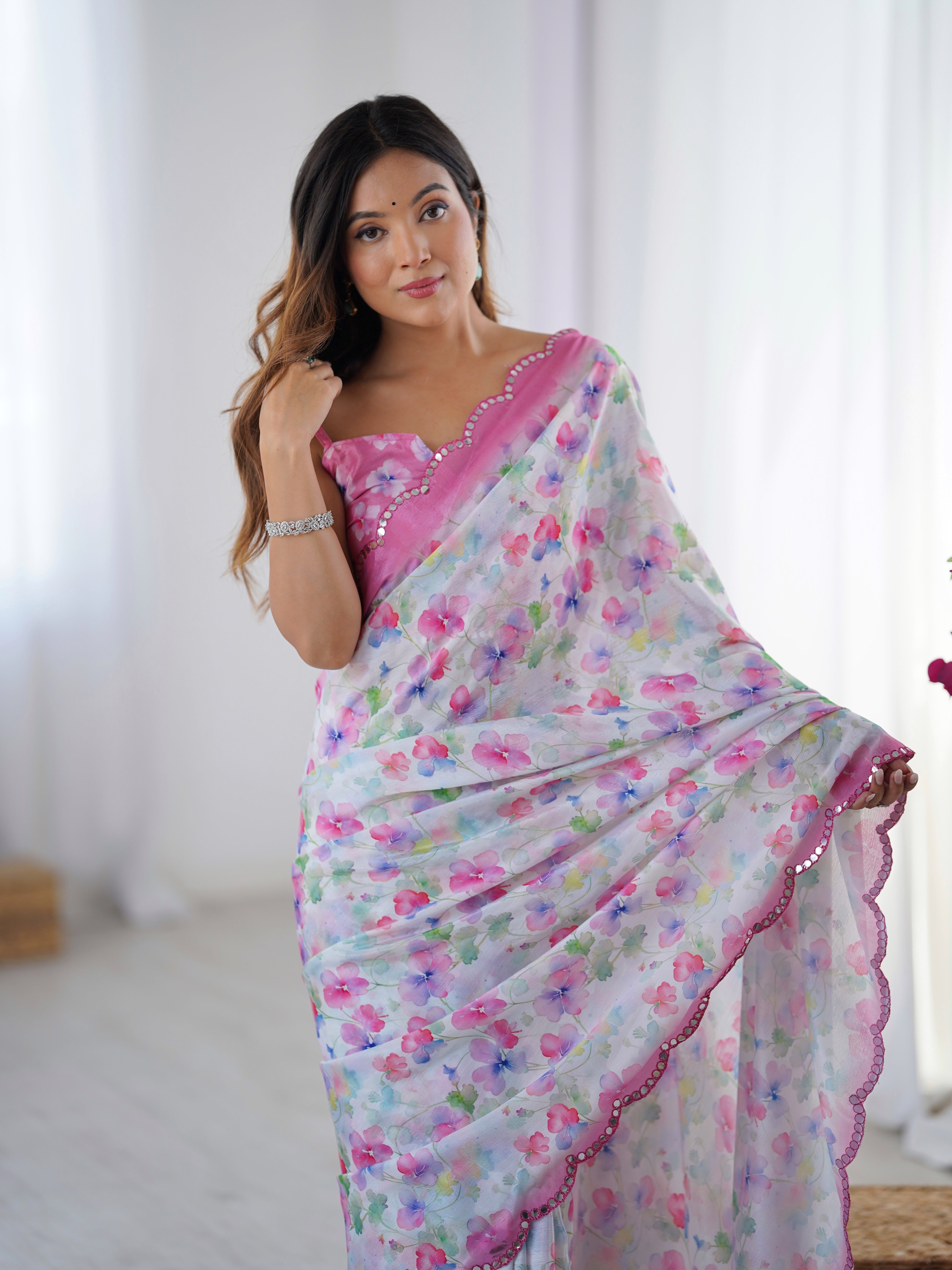 TRENDBUY DVS-65 floral print Chinnon saree with Kutchi mirror lace border