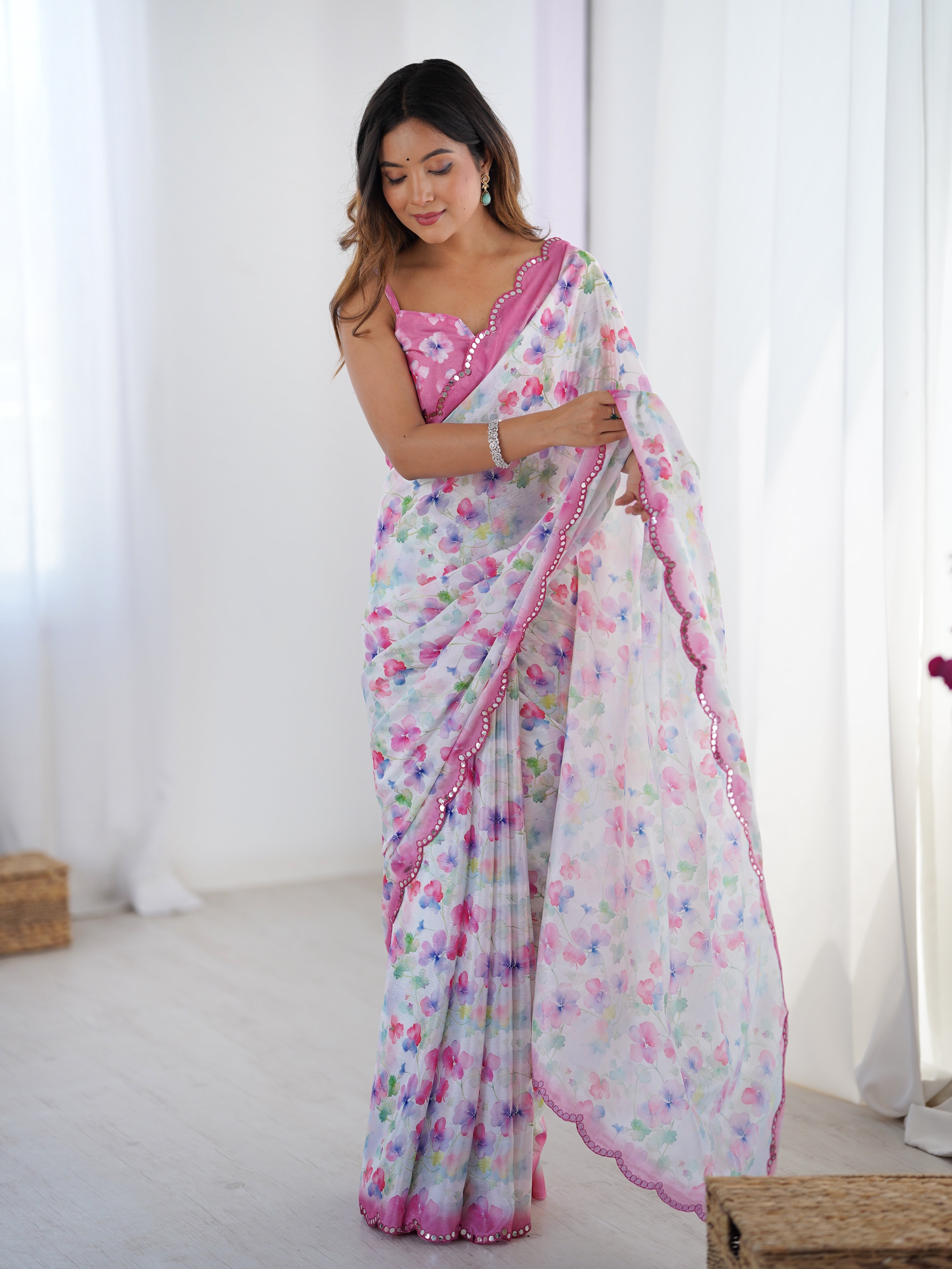 TRENDBUY DVS-65 Floral Print Chinnon Saree with Kutchi Mirror Lace Border worn by a woman