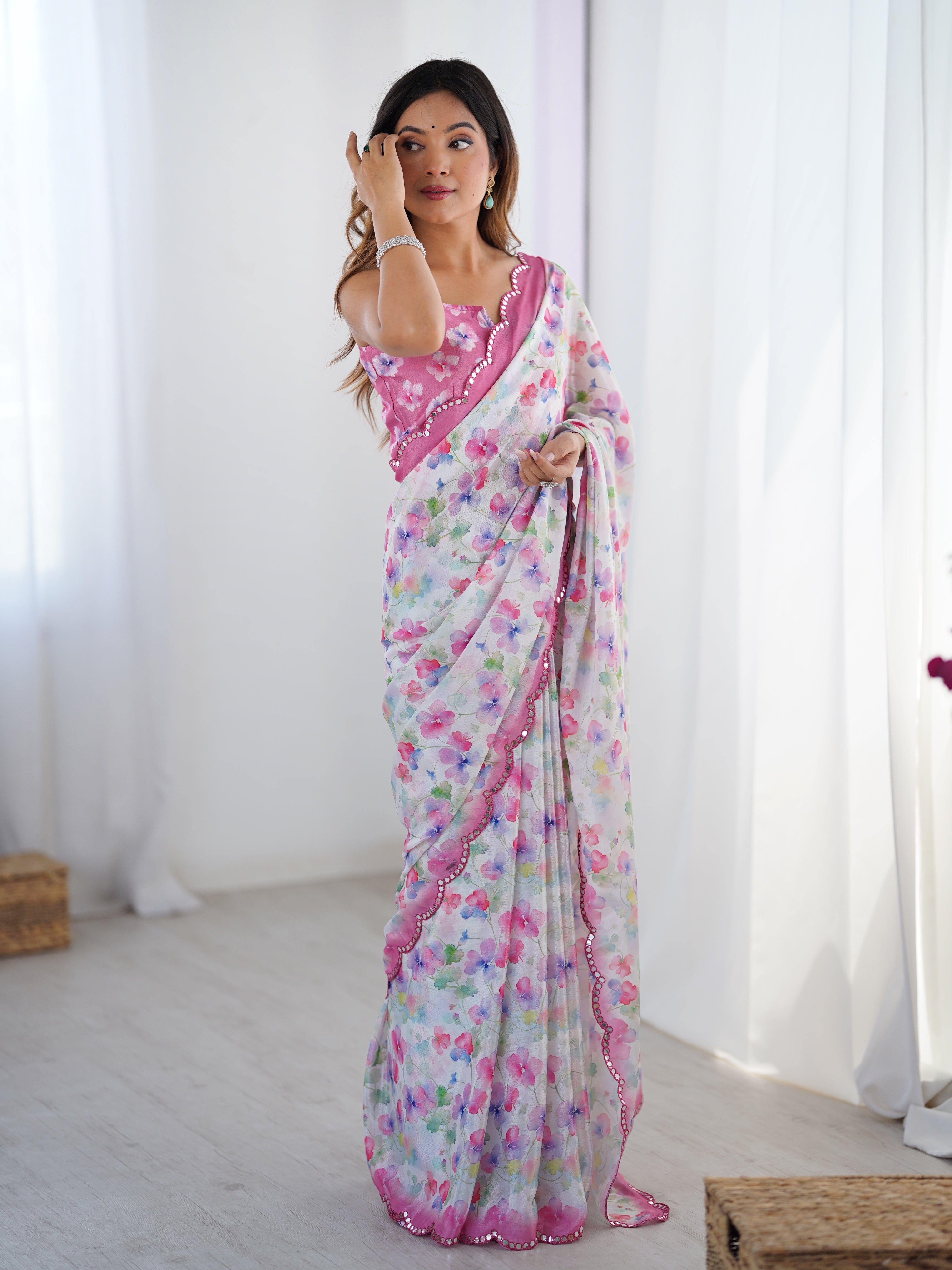 TRENDBUY DVS-65 floral print Chinnon saree featuring Kutchi mirror lace border