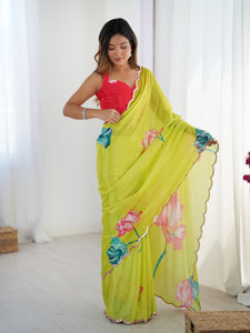 Vibrant Floral Print Heavy Chinnon Saree with Kutchi Mirror Lace Border & Unstitched Blouse | TRENDBUY