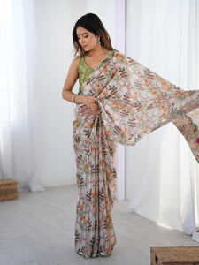 TRENDBUY Elegant Gold Crush Printed Saree with Sequin Border & Unstitched Blouse