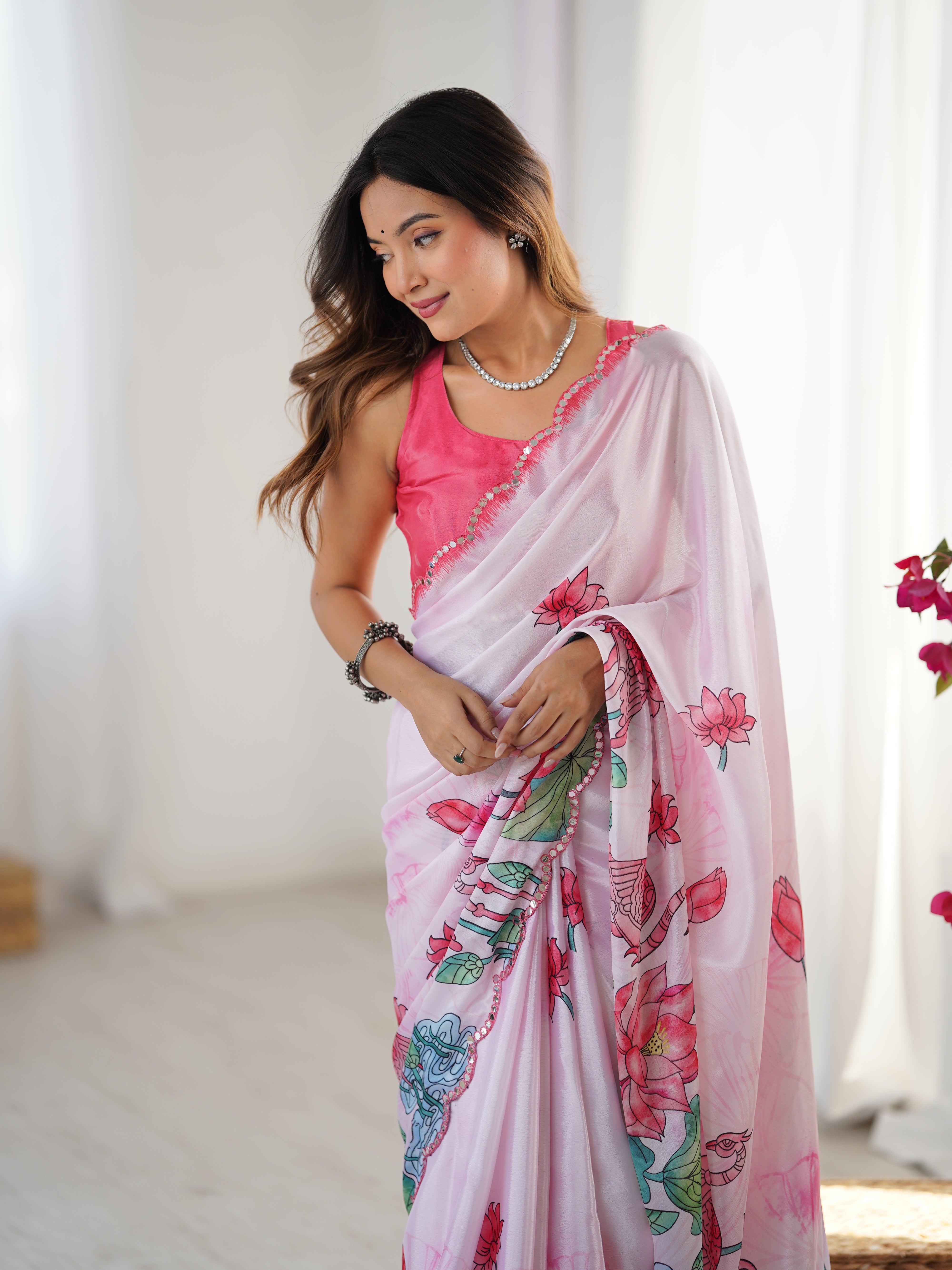 Pink Chinnon Saree with Vibrant Prints & Kutchi Mirror Work Border