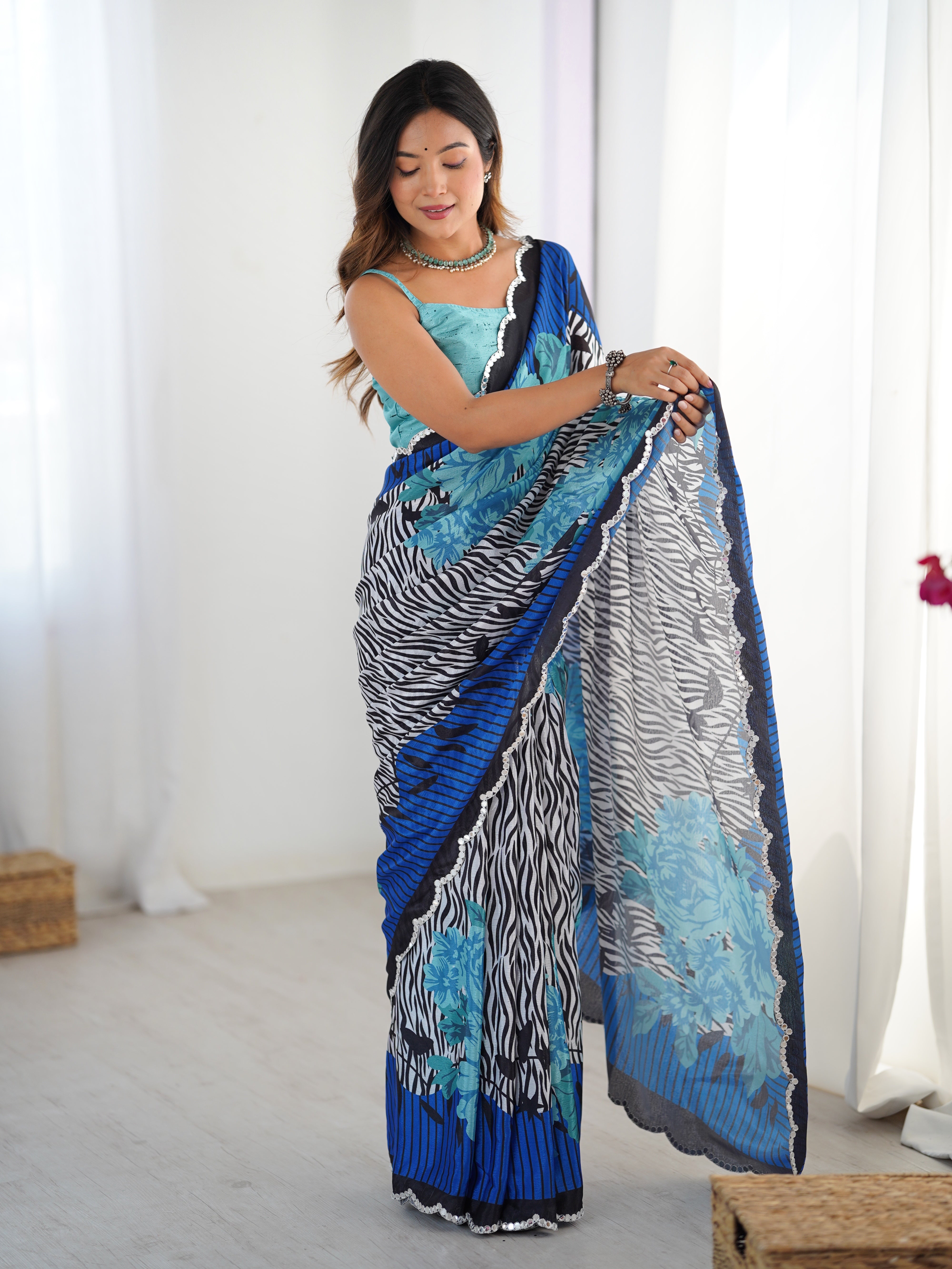 TRENDBUY Heavy Chinnon Saree with vibrant print and Kutchi mirror lace border