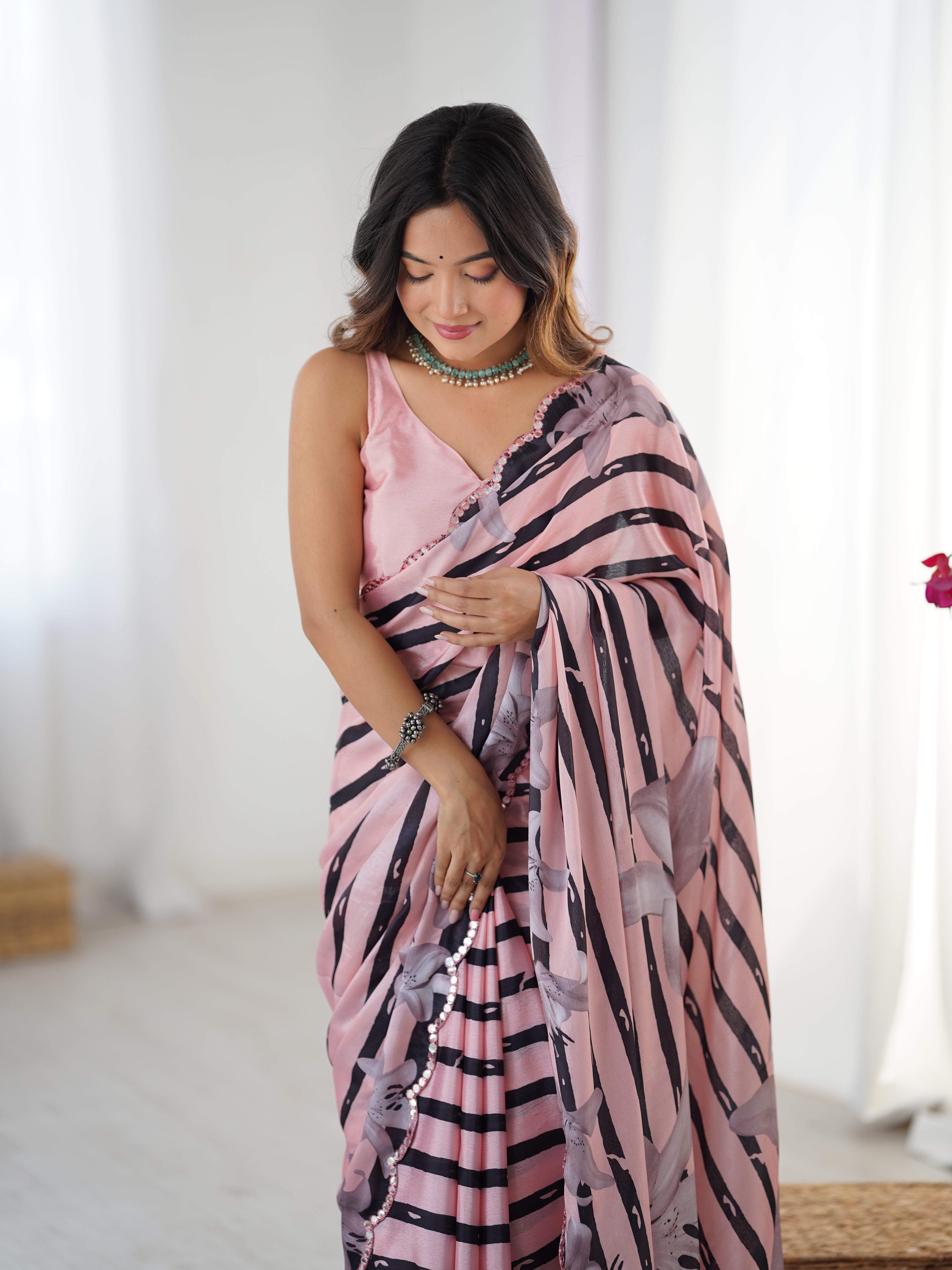 Elegant Pink & Black Striped Chinnon Saree with Kutchi Mirror Lace