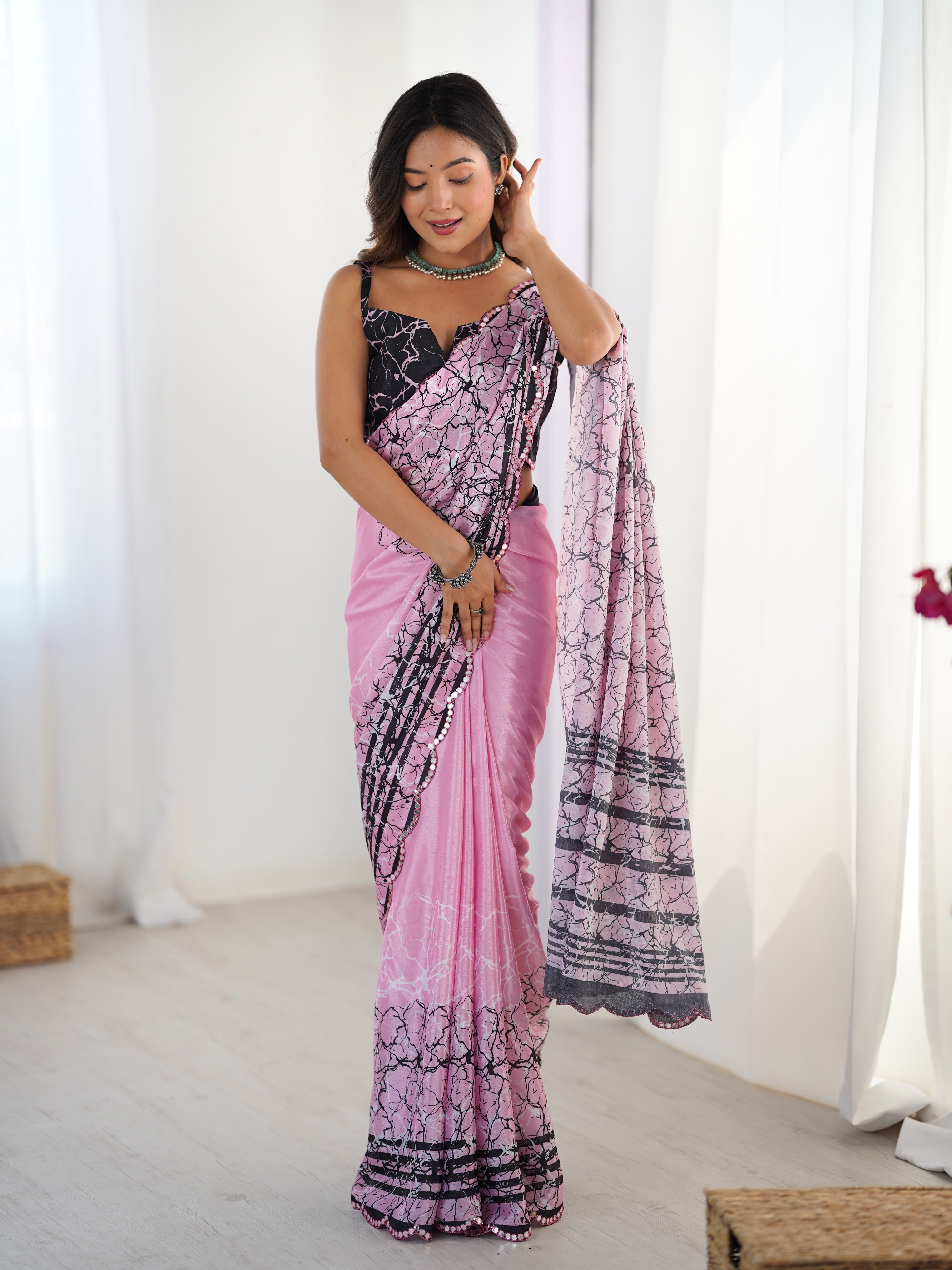 Pink Chinnon Saree with Black Print & Kutchi Mirror Lace Border