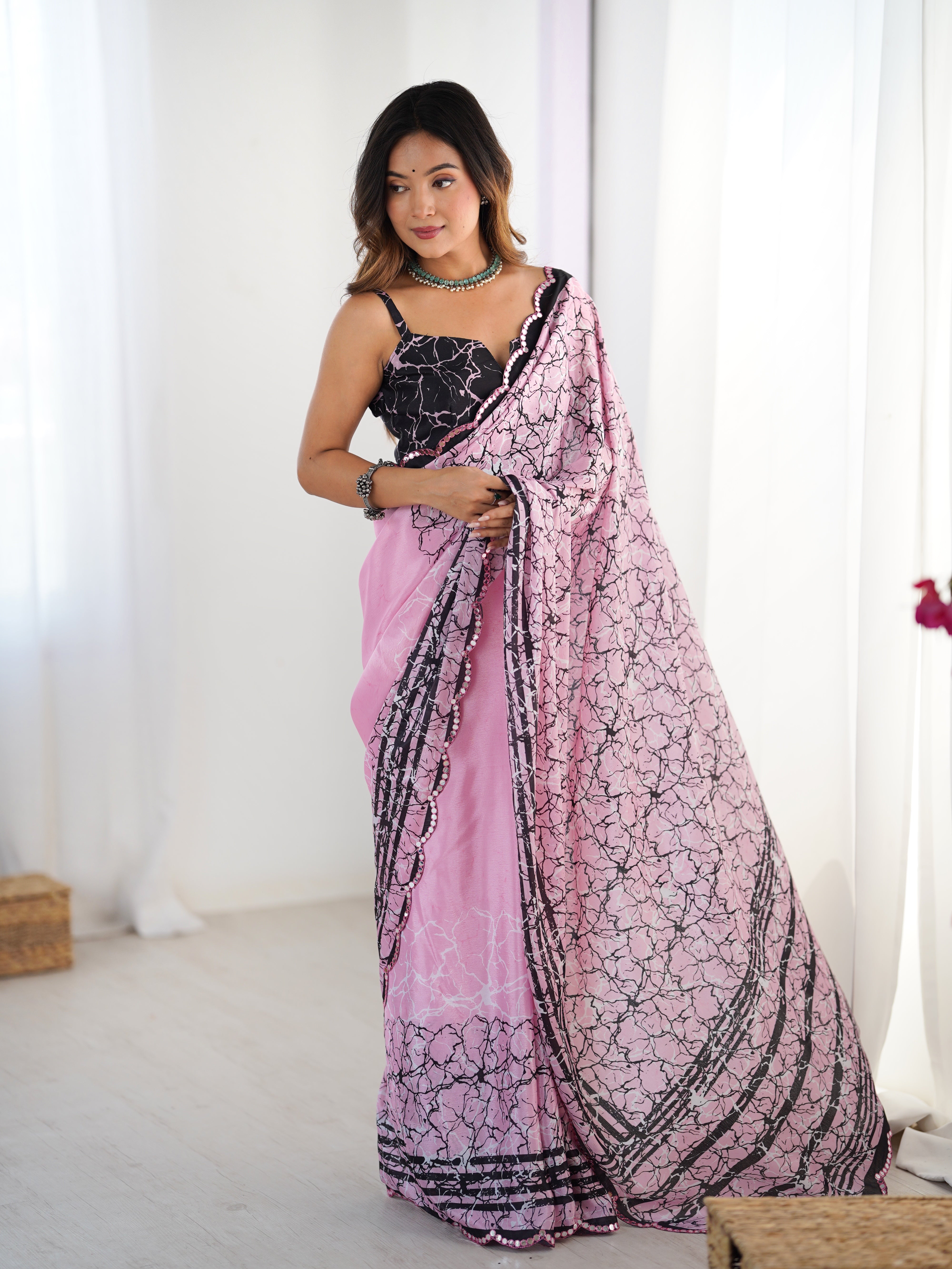Elegant Pink Chinnon Saree, black print & Kutchi mirror lace border - DVS-75