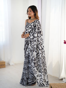 Premium Black and White Chinnon Saree with Handcrafted Kutchi Mirror Work Border for Festive Parties