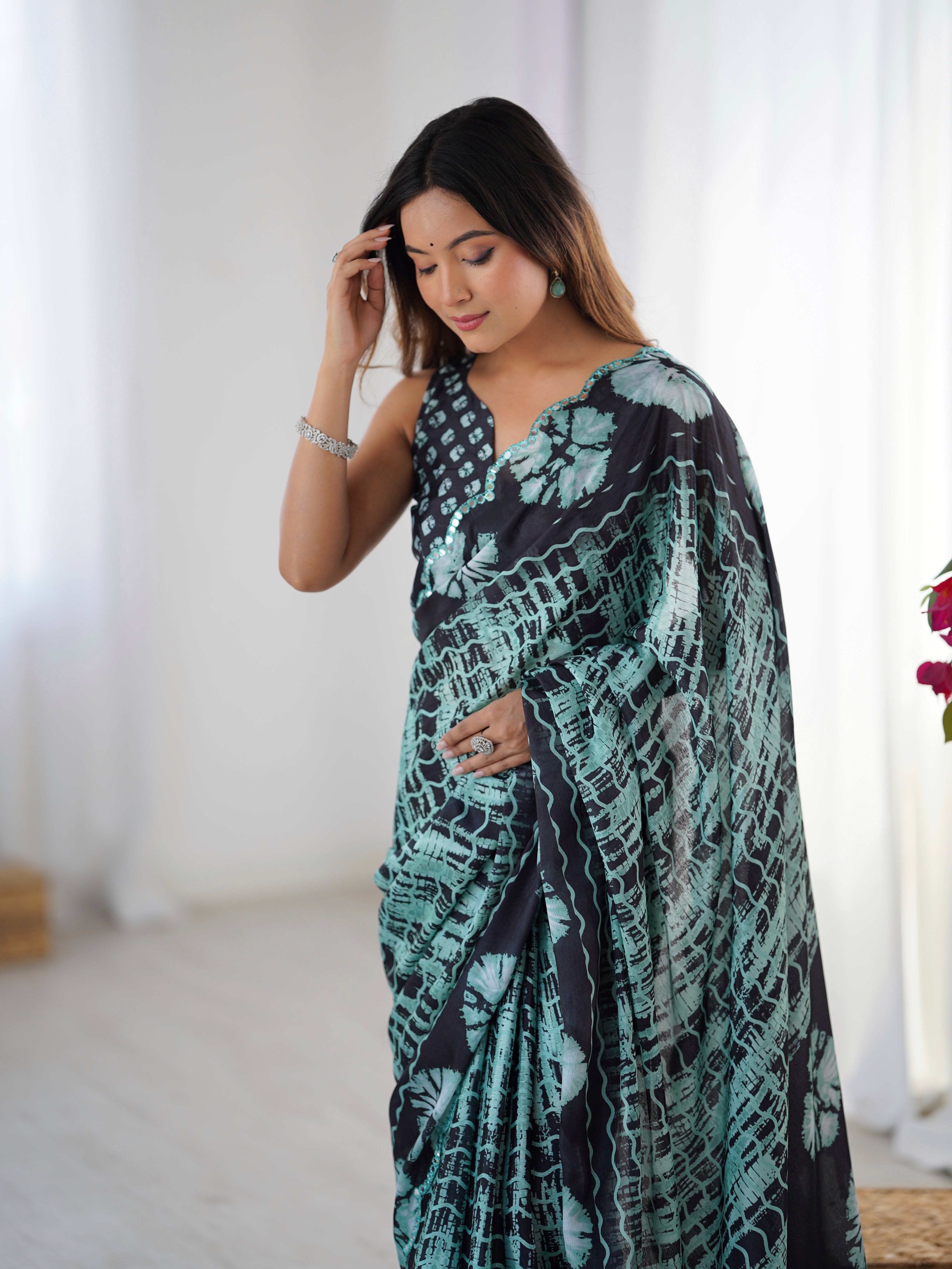 Elegant Heavy Chinnon Saree with Kutchi Mirror Work Border