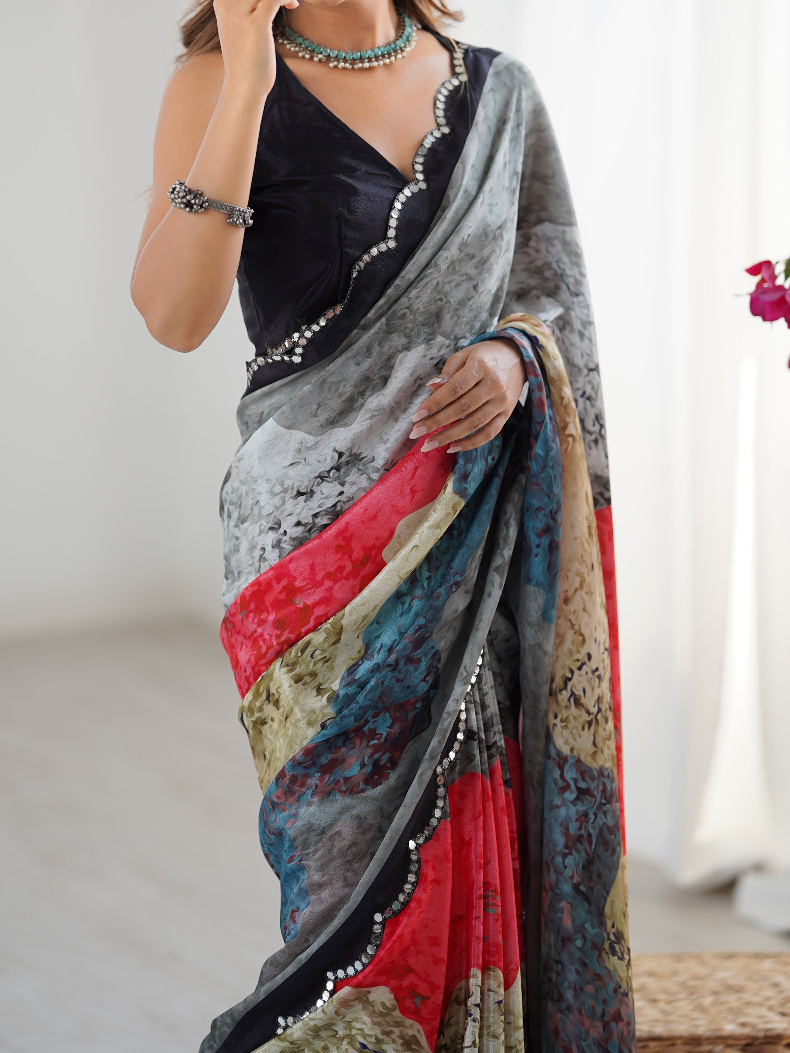 TRENDBUY DVS-79 Heavy Chinnon Saree, featuring vibrant print and Kutchi mirror work border