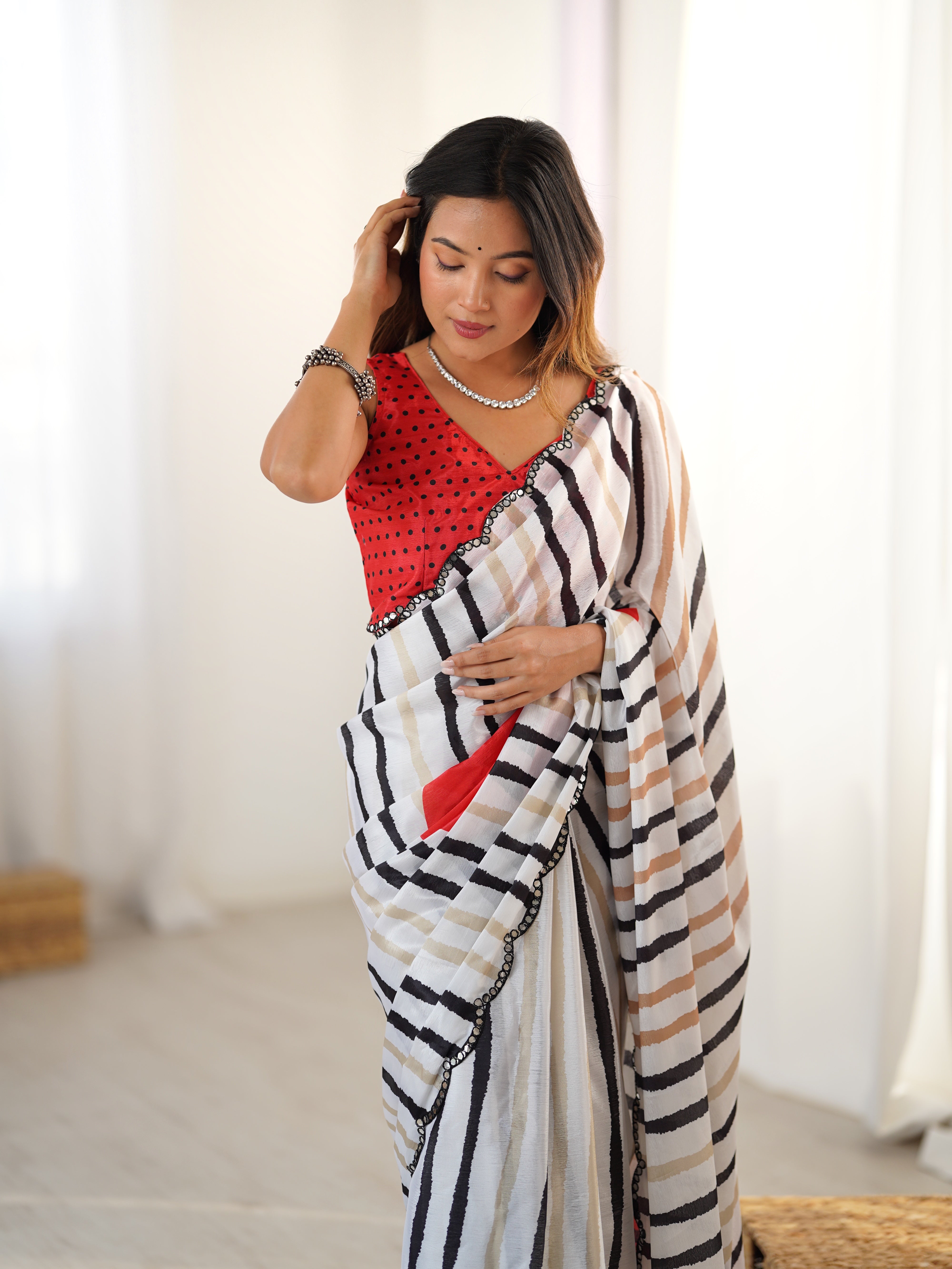 TRENDBUY DVS-80 Striped Chinnon Saree with intricate mirror work border and unstitched blouse