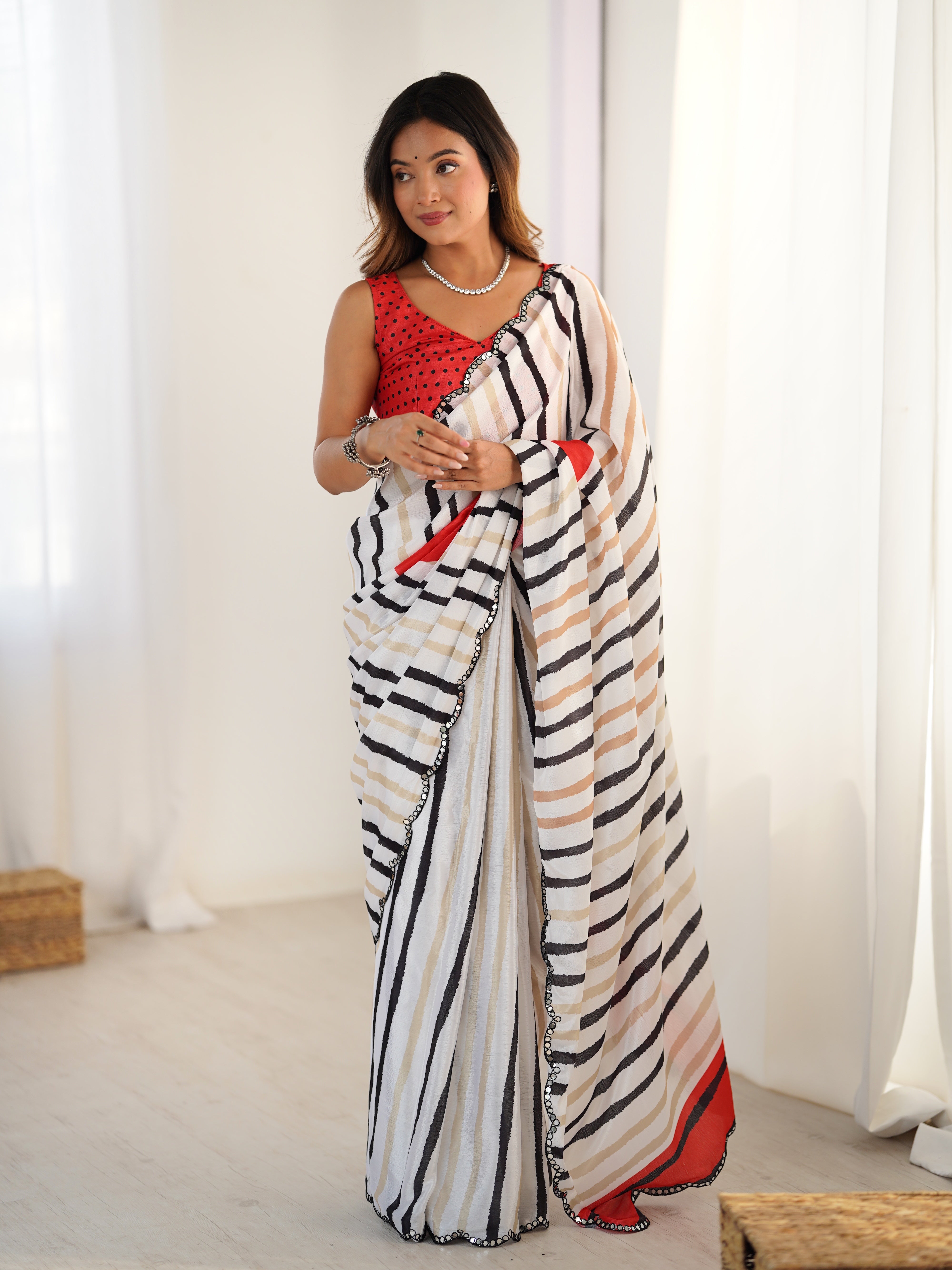 TRENDBUY DVS-80 Striped Chinnon Saree with Mirror Work Border