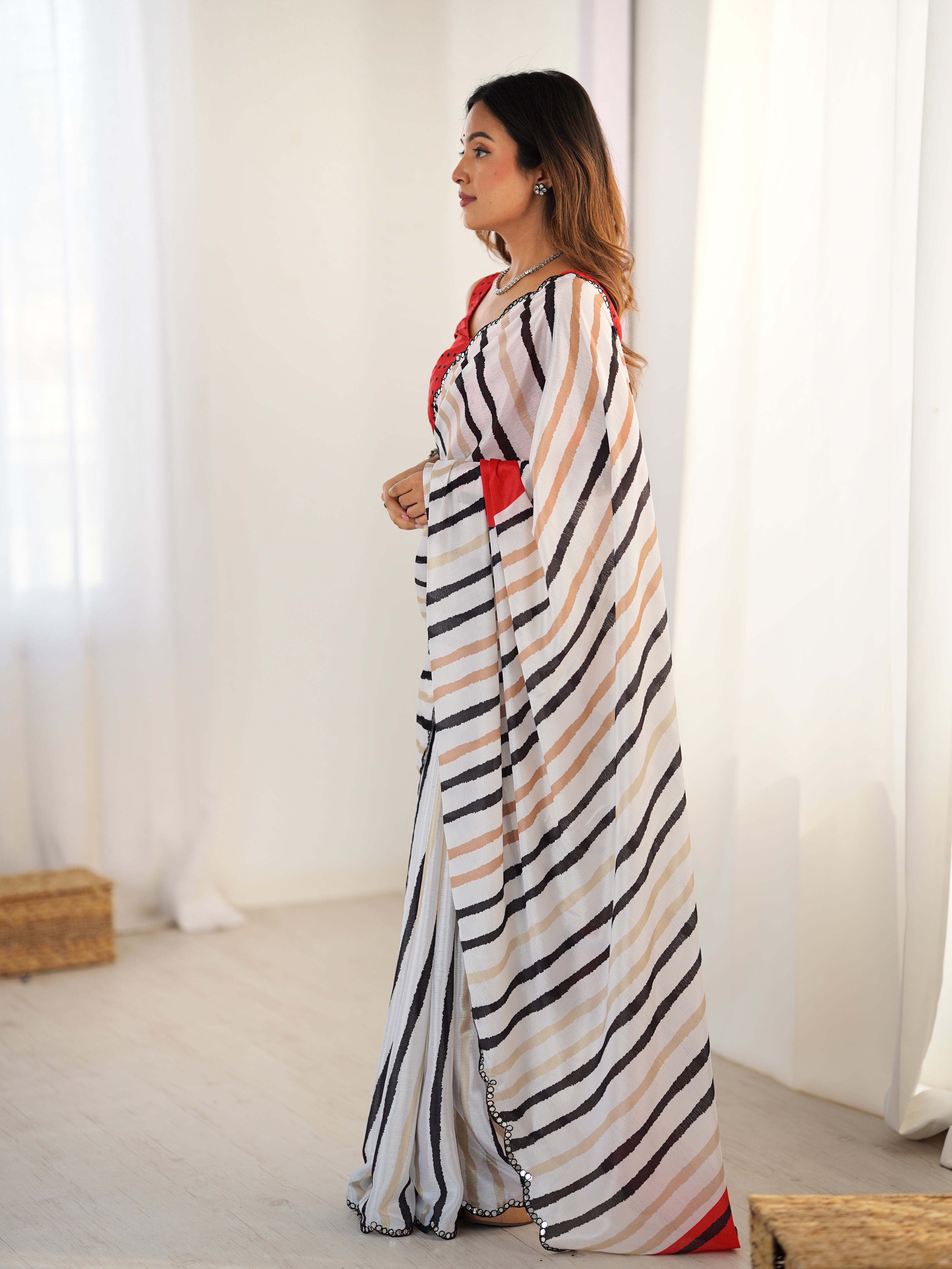 TRENDBUY DVS-80 Striped Chinnon Saree, close-up of mirror work border & striped chinnon fabric.