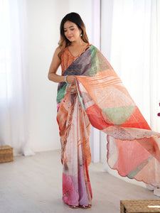TRENDBUY DVS-82: Vibrant Abstract Print Heavy Chinnon Saree with Kutchi Mirror Lace Border & Unstitched Blouse