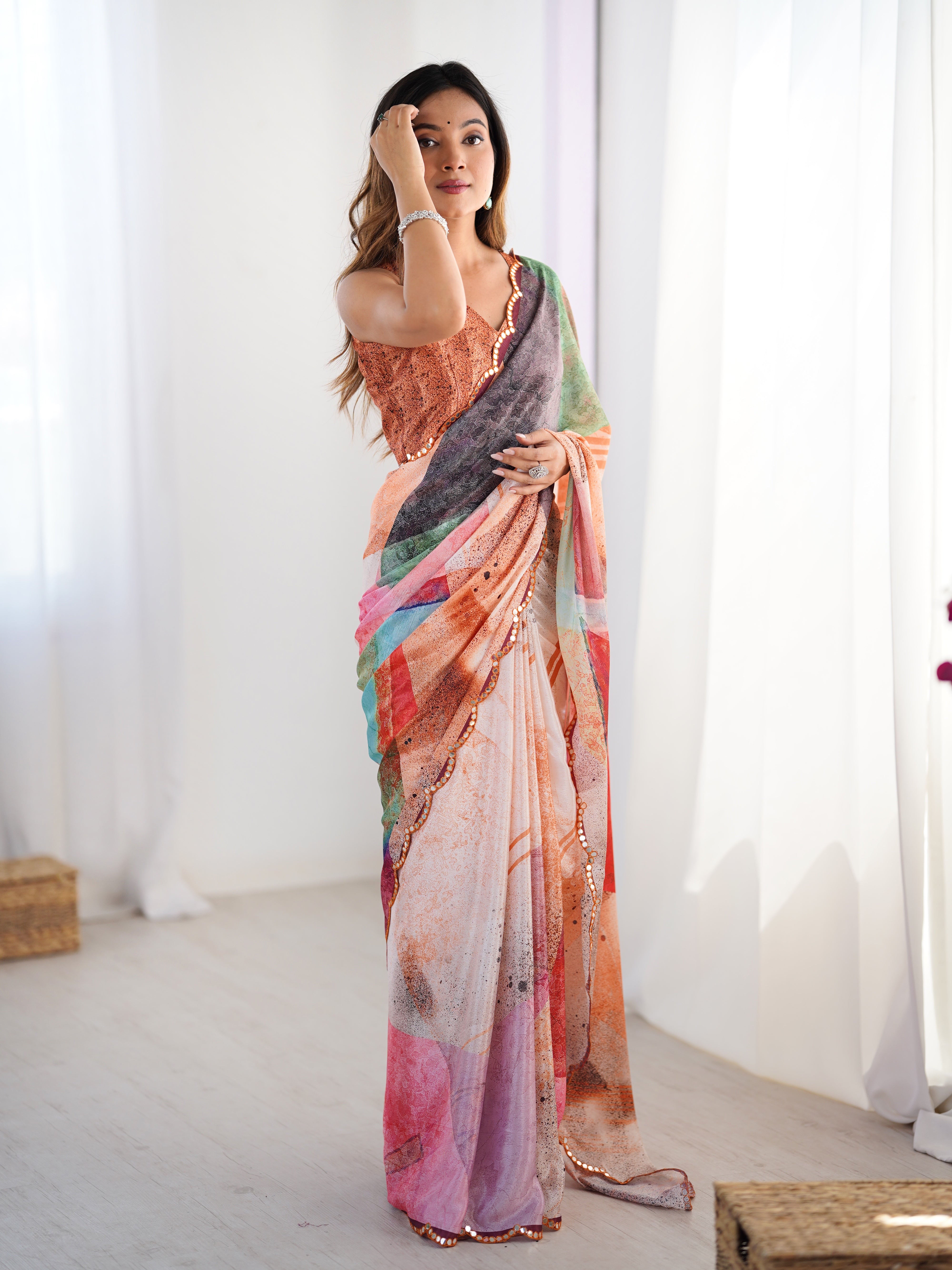 TRENDBUY DVS-82 vibrant abstract print heavy chinnon saree with Kutchi mirror lace border