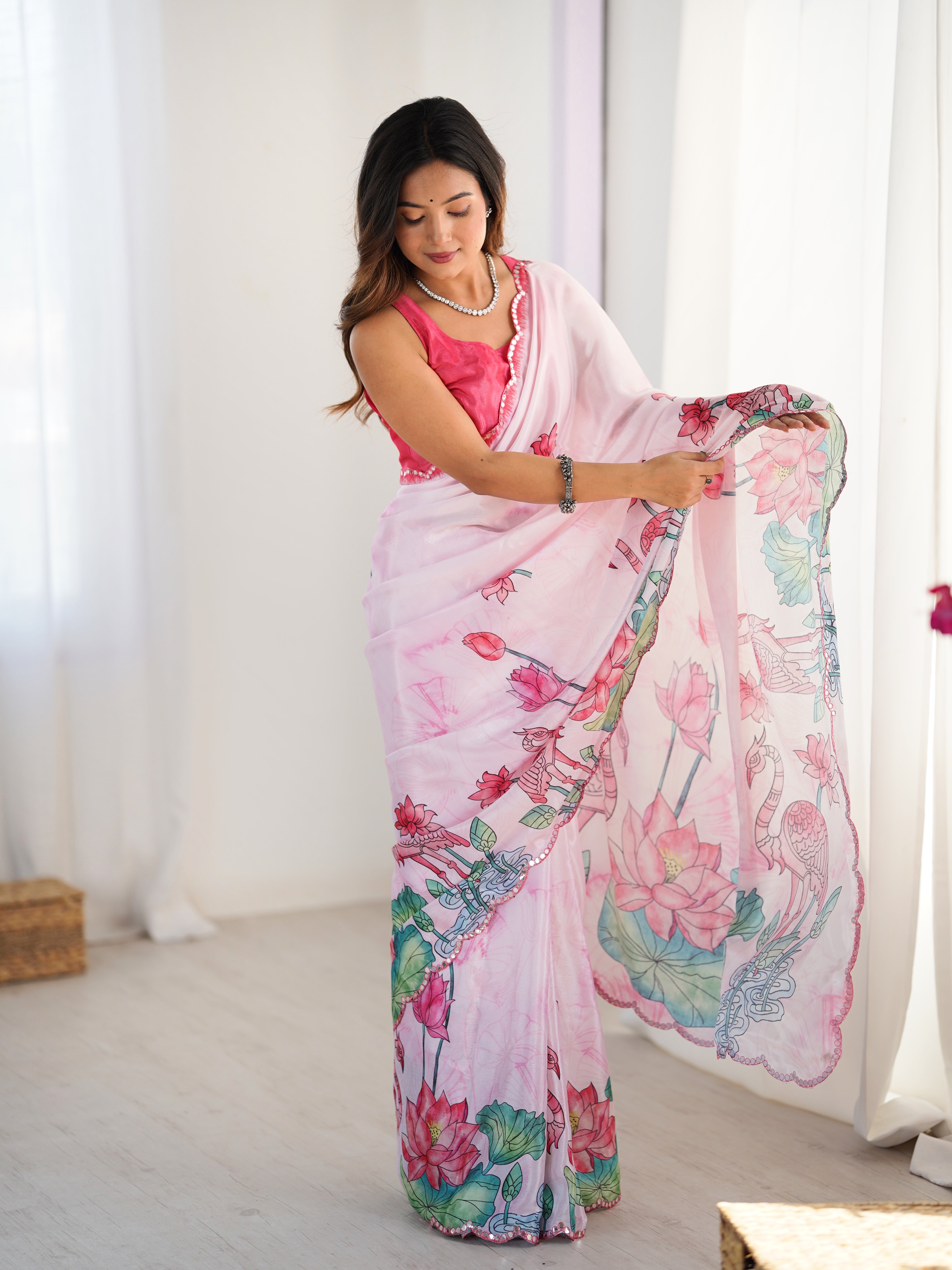 Elegant Pink Chinnon Saree, Kutchi Mirror Work Lace Border (DVS-83)