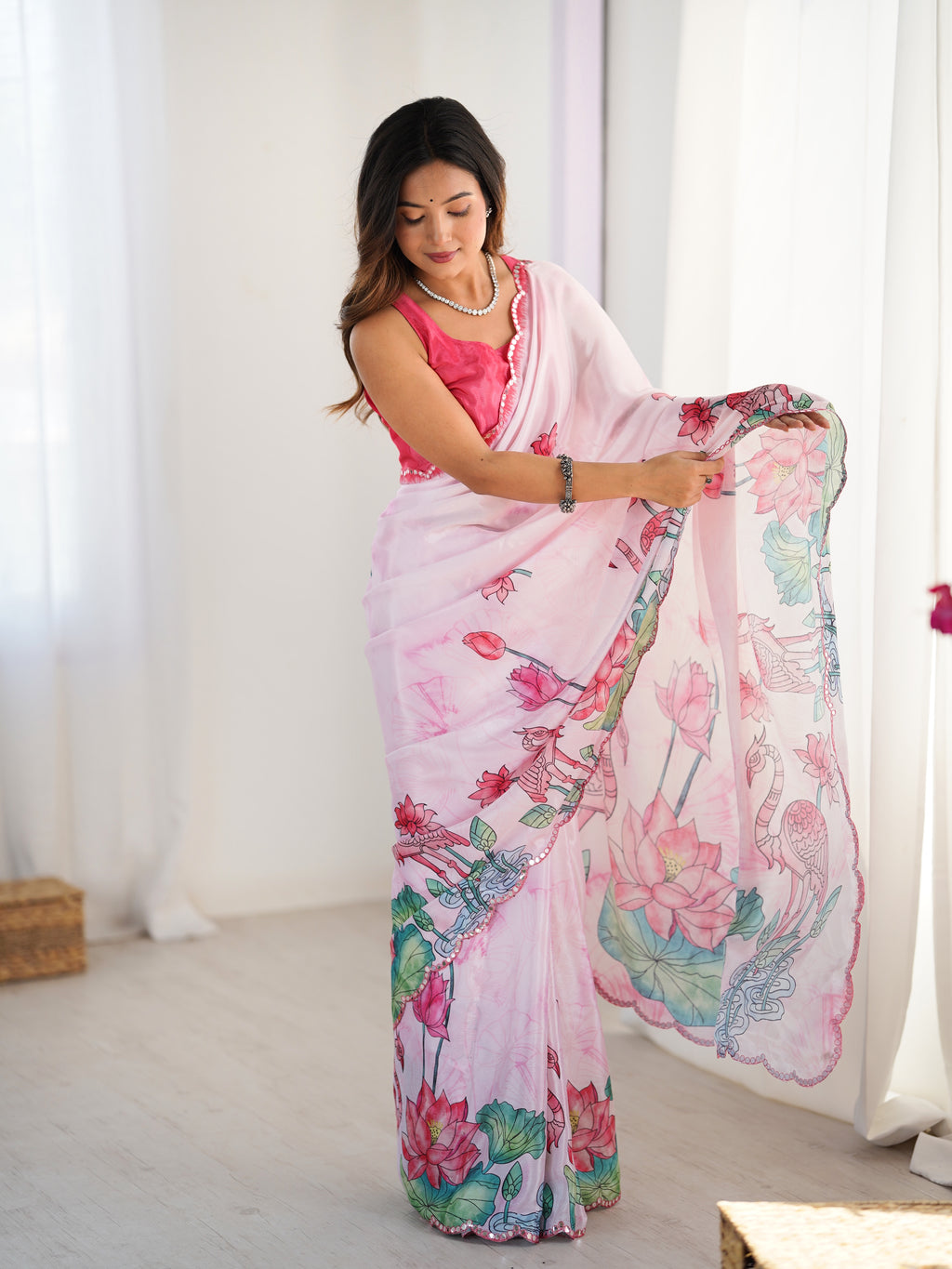 Elegant Pink Chinnon Saree, Kutchi Mirror Work Lace Border (DVS-83)