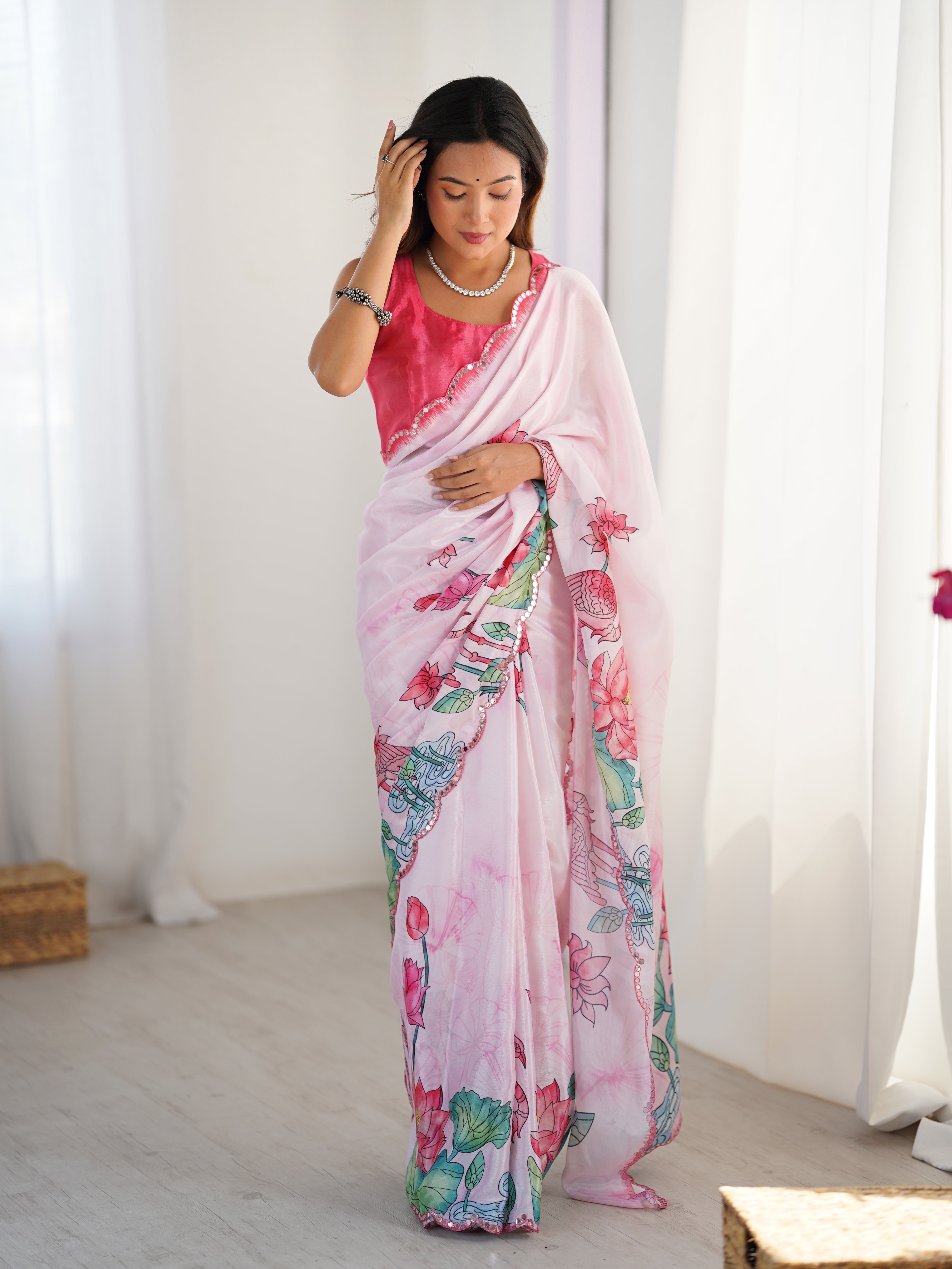 Elegant Pink Chinnon Saree with Kutchi Mirror Work Lace Border