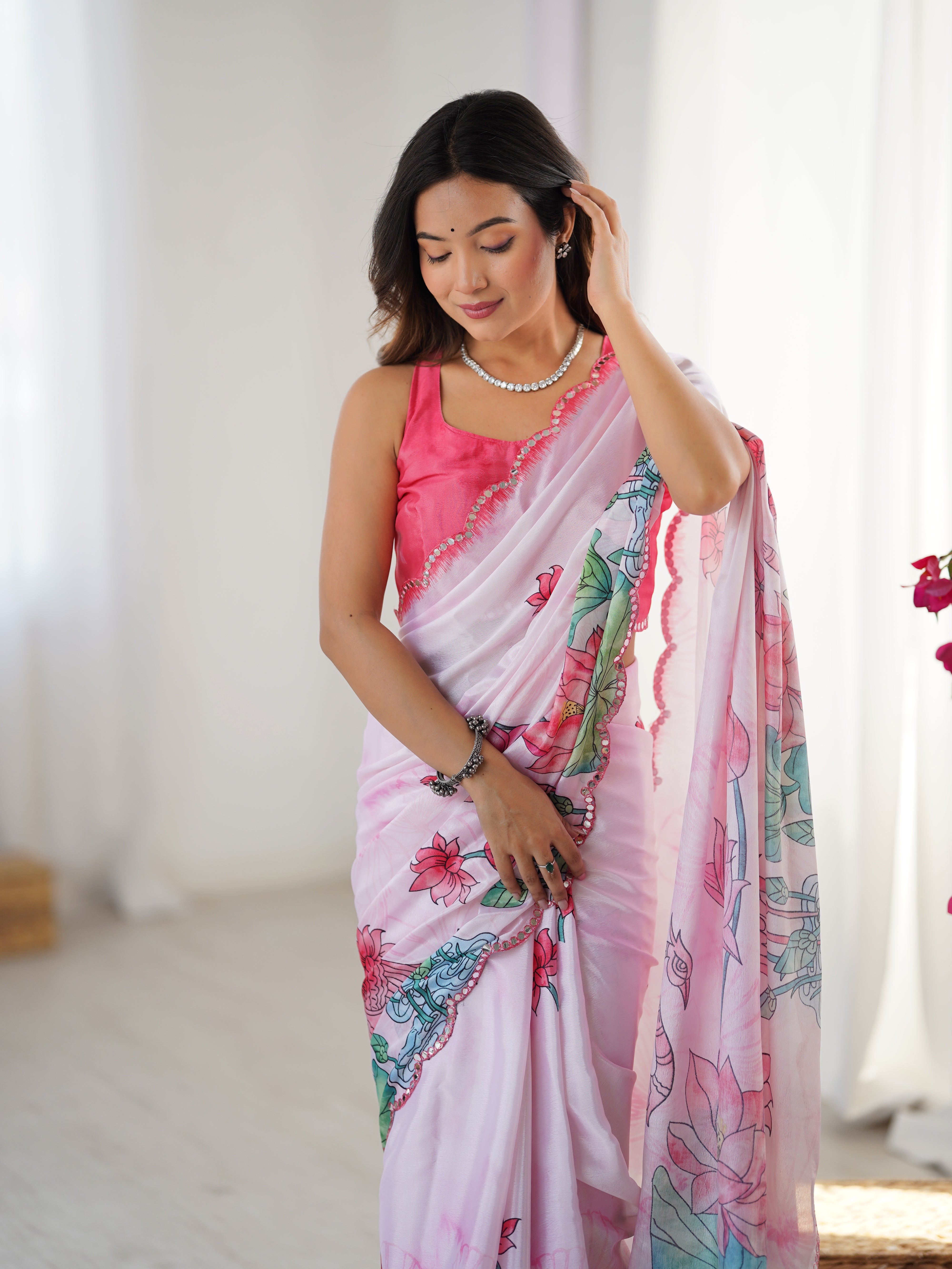 Elegant Pink Chinnon Saree with Kutchi Mirror Work Lace Border DVS-83 Design