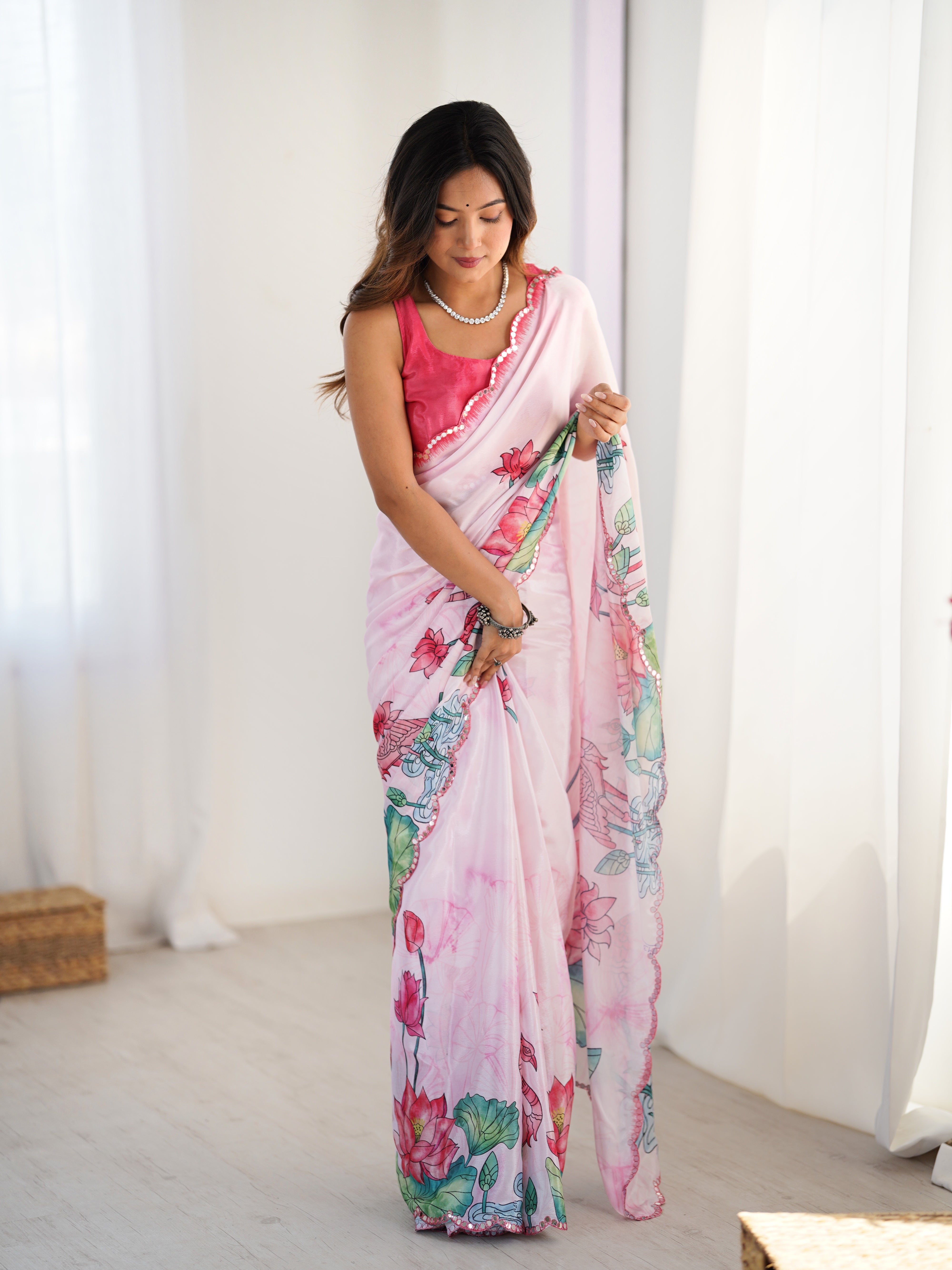 Elegant Pink Chinnon Saree with Kutchi Mirror Work Lace Border (DVS-83)