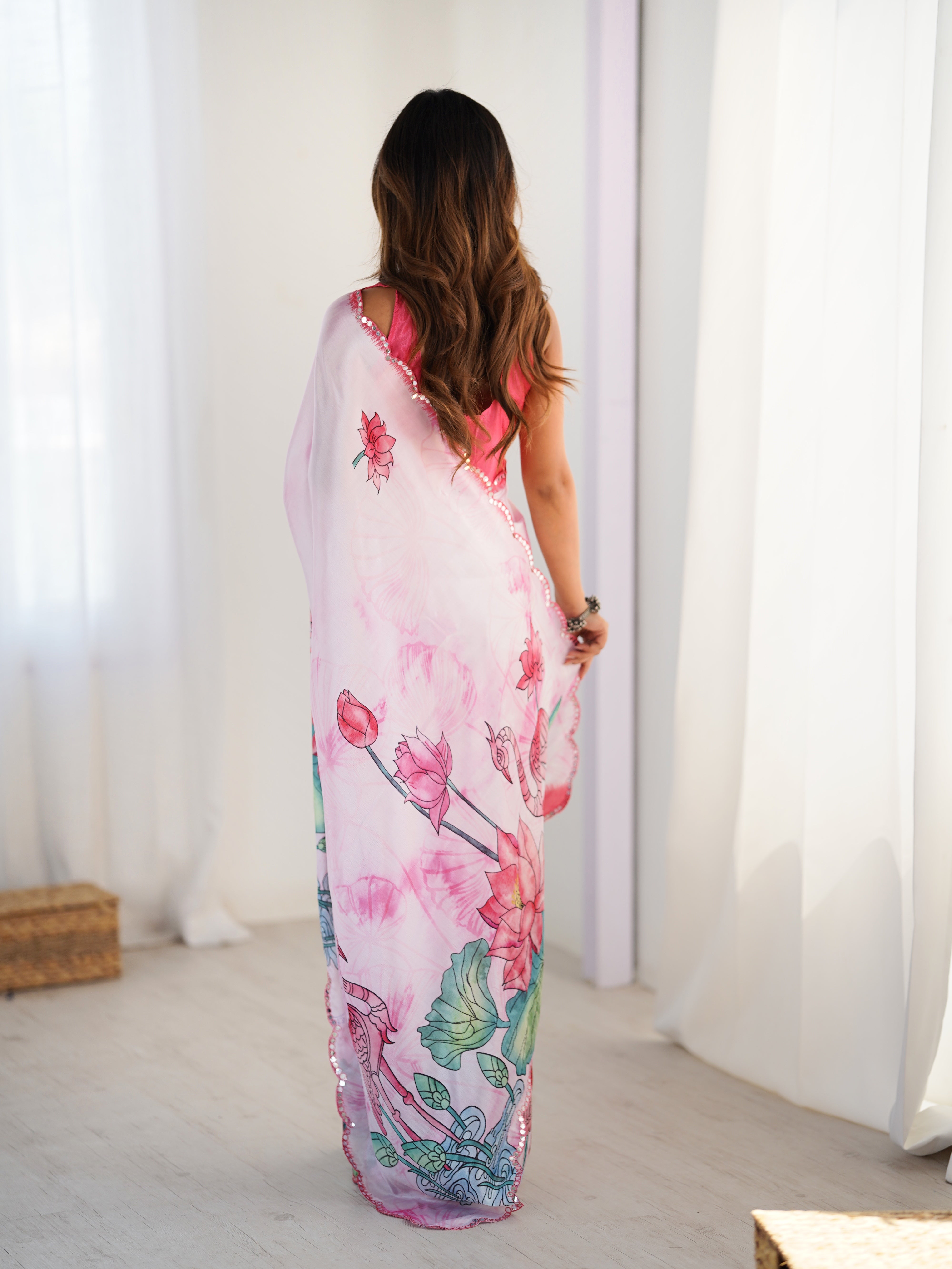 Elegant Pink Chinnon Saree with Kutchi Mirror Work Lace Border