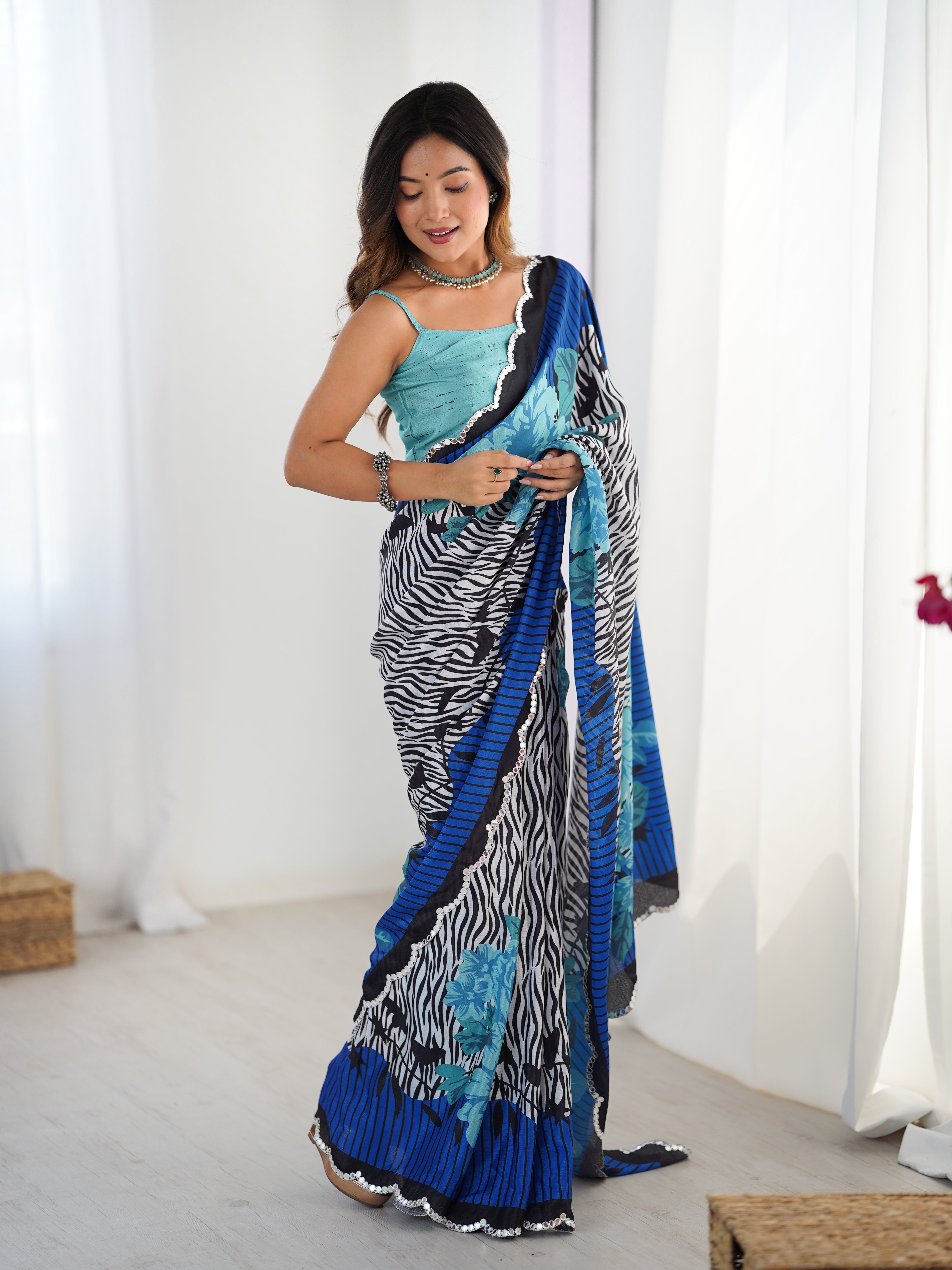 TRENDBUY Chinnon Saree DVS-84: Vibrant Print & Kutchi Mirror Lace Border