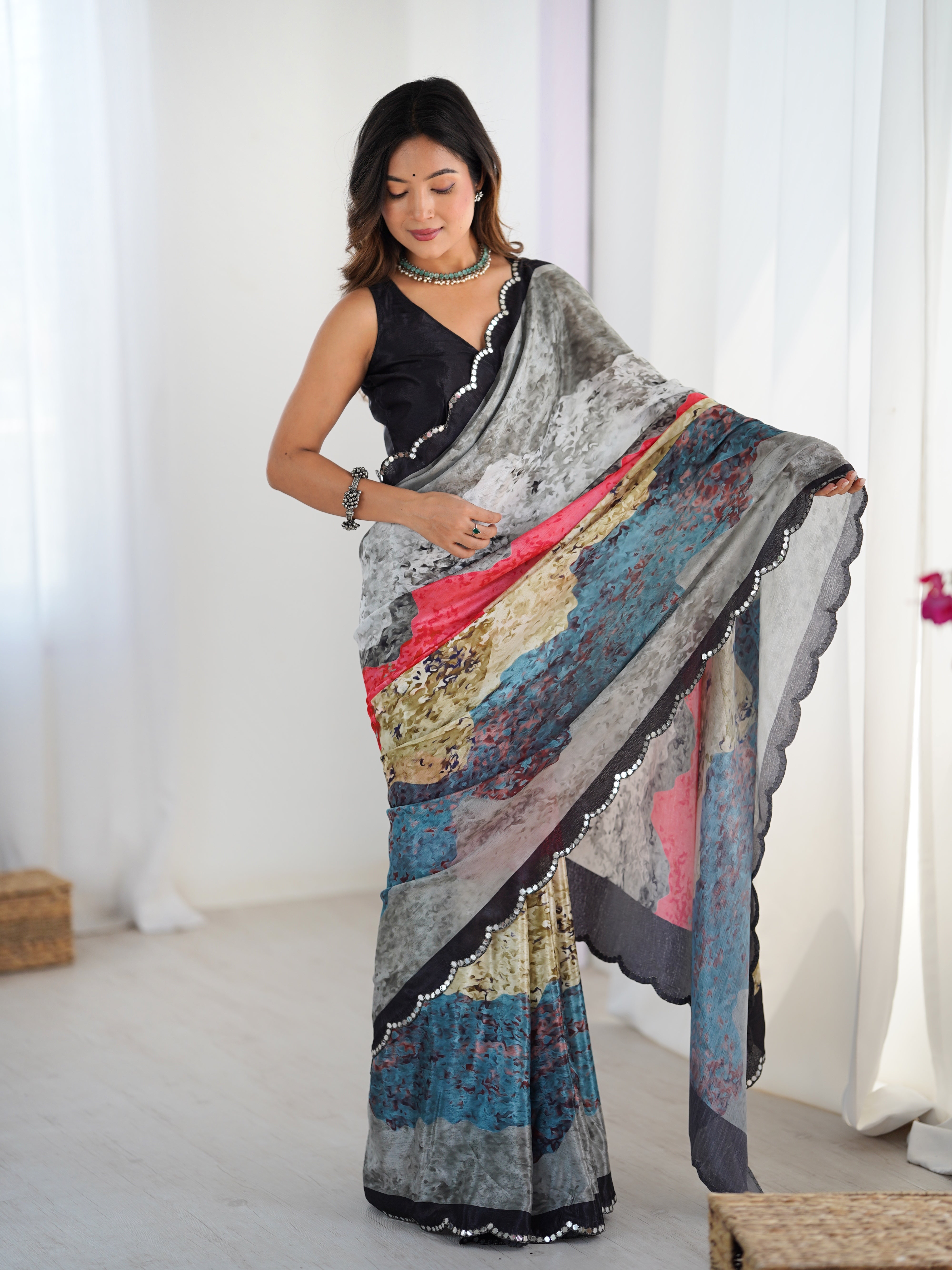 TRENDBUY Exclusive Heavy Chinnon Saree, vibrant print, Kutchi mirror lace border