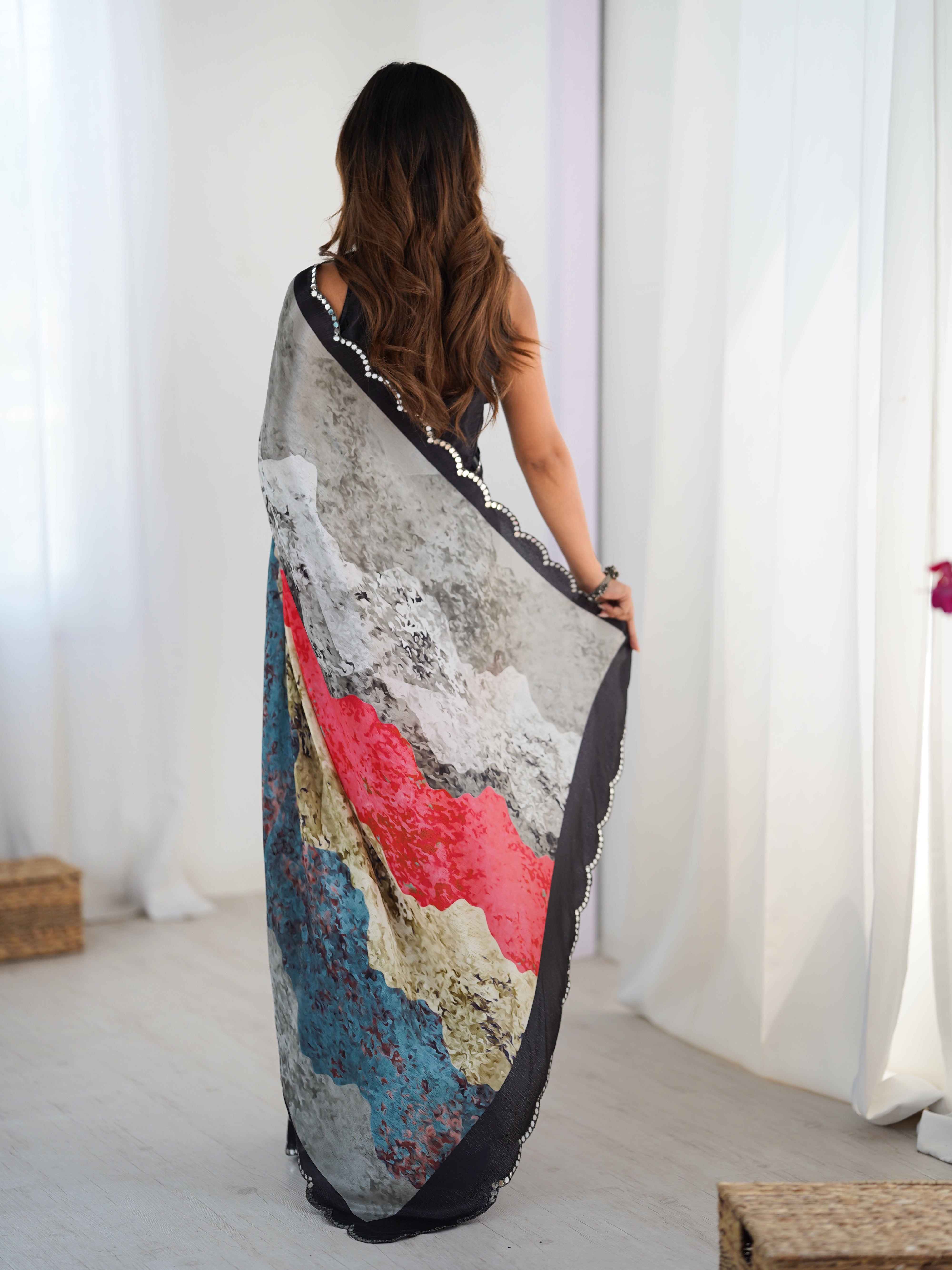 Heavy Chinnon Saree with Vibrant Print & Kutchi Mirror Lace Border