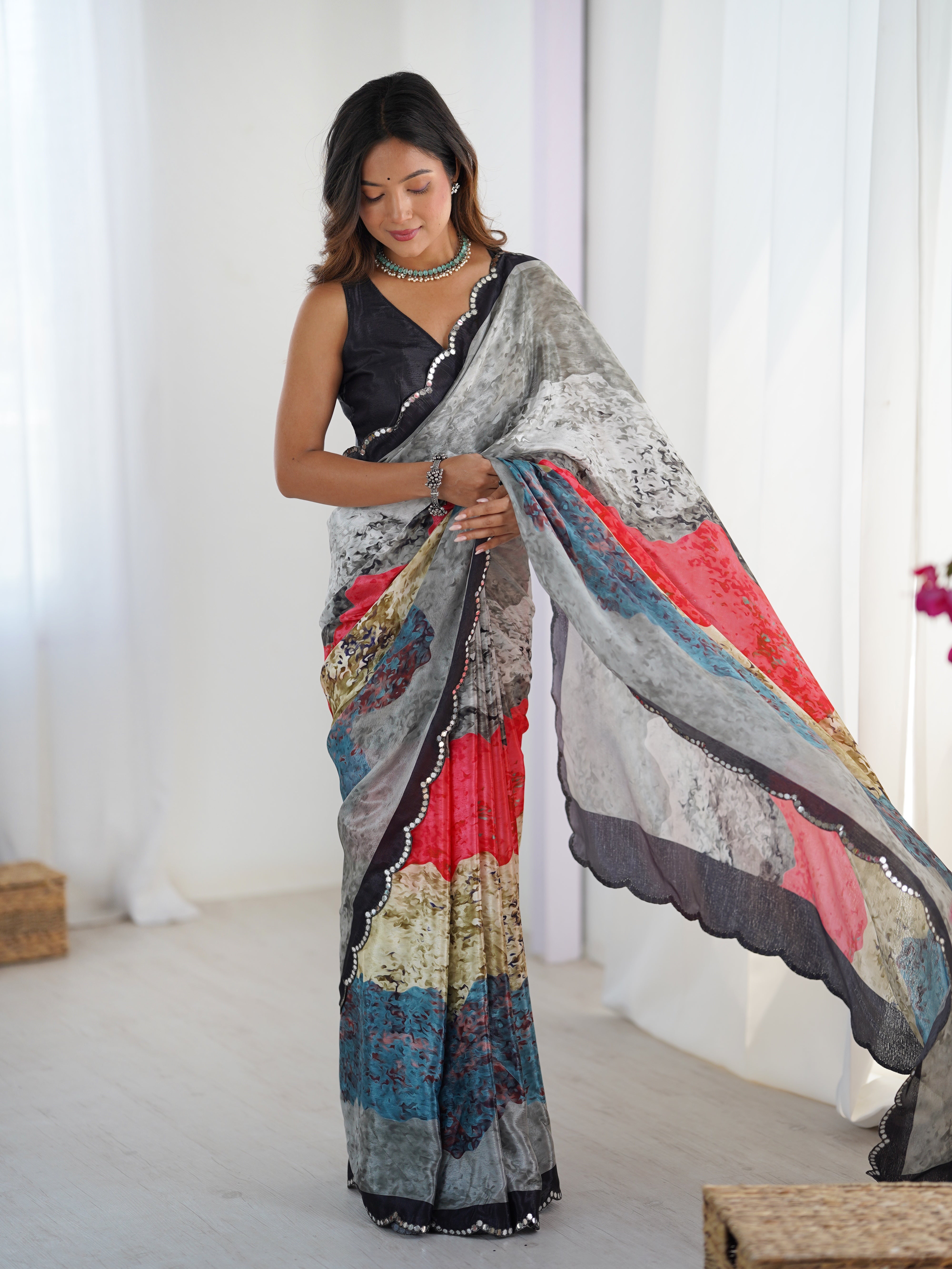 TRENDBUY Heavy Chinnon Saree, vibrant print & Kutchi mirror lace border, on model.