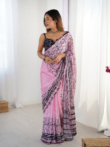 TRENDBUY DVS-91 Heavy Chinnon Saree with Elegant Print & Kutchi Mirror Lace Border