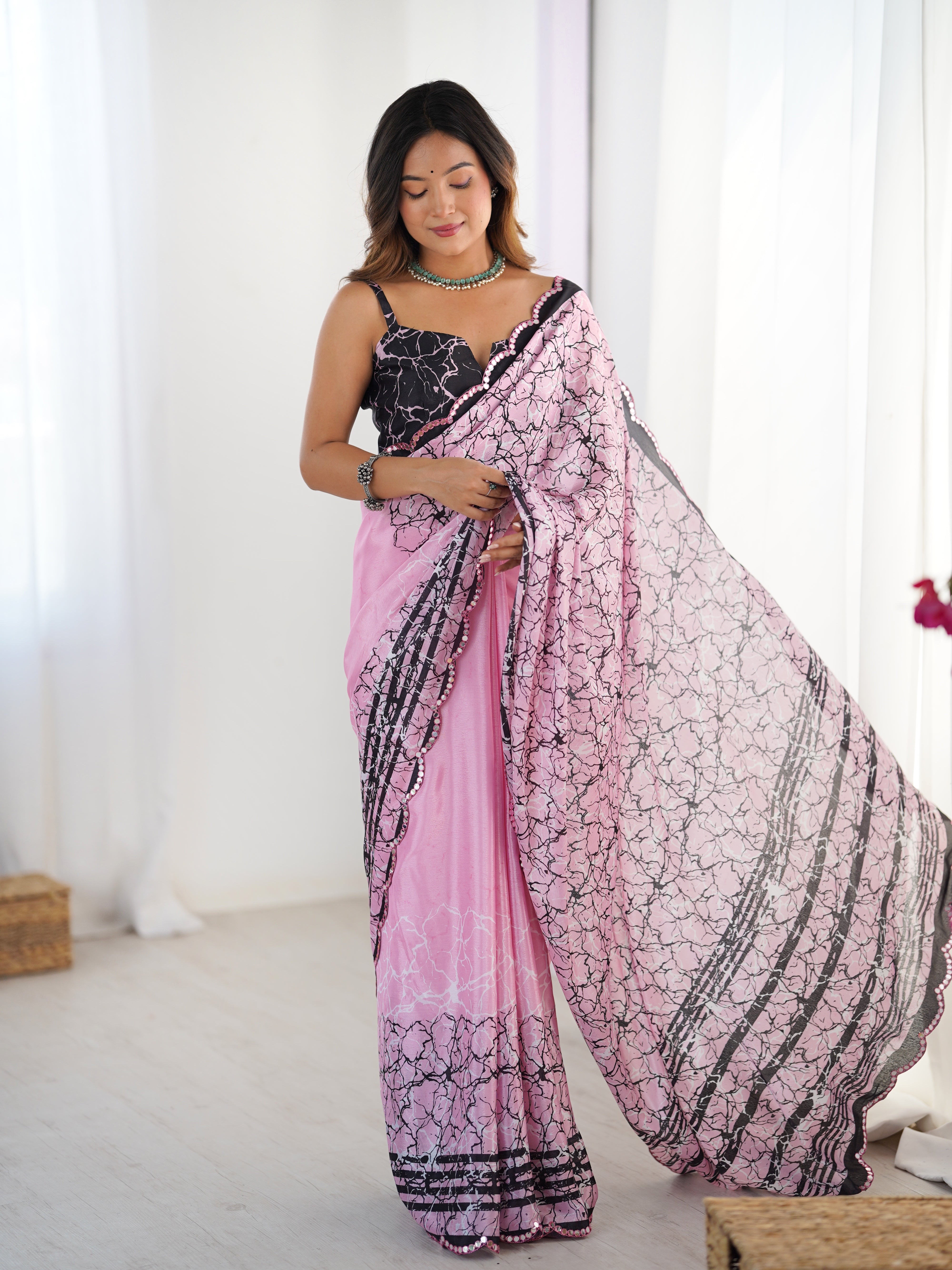 TRENDBUY DVS-91 Heavy Chinnon Saree with Elegant Print & Kutchi Mirror Lace Border, worn by model.