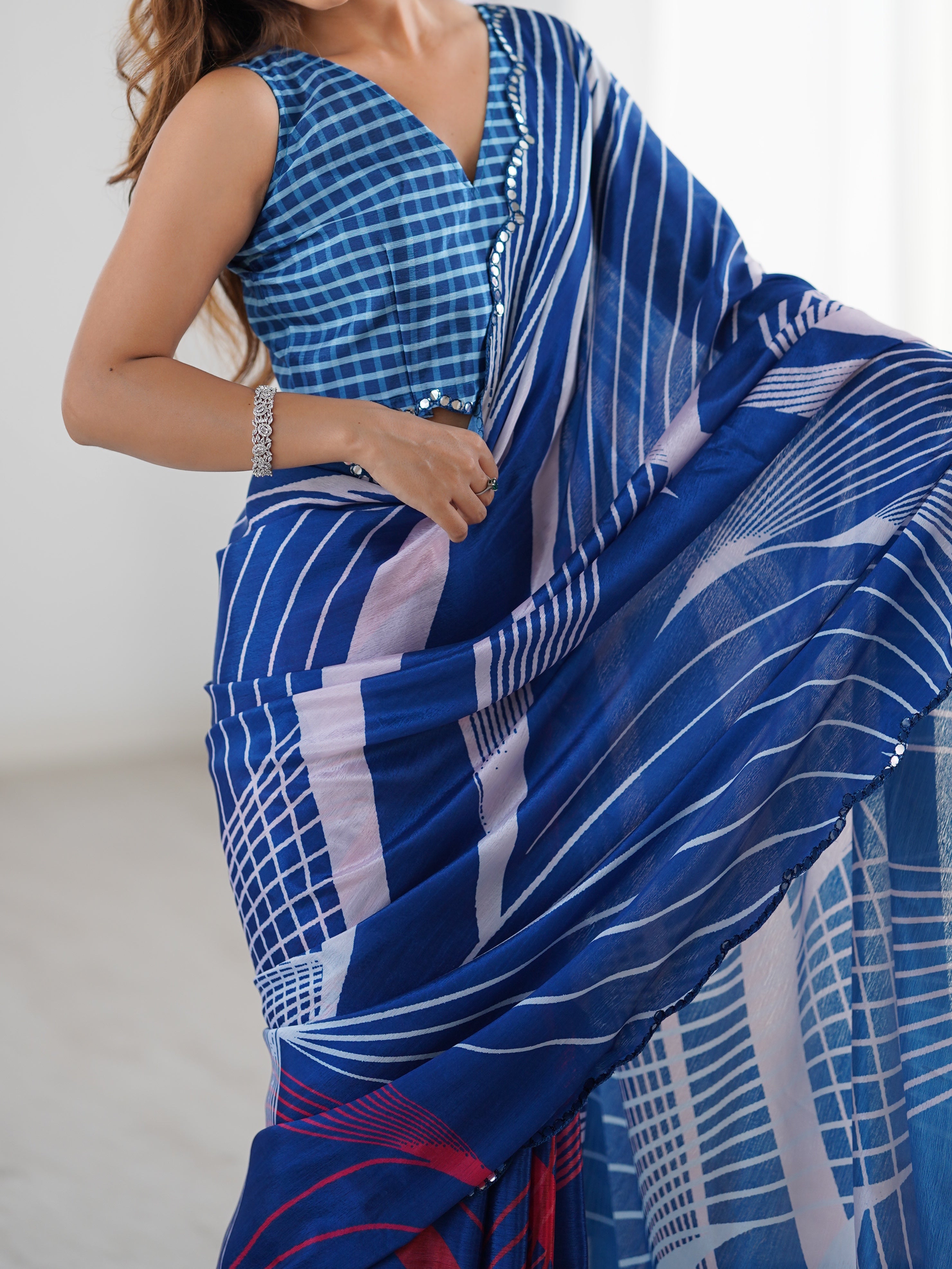 TRENDBUY DVS-92 Heavy Chinnon Saree with intricate Kutchi mirror work lace.