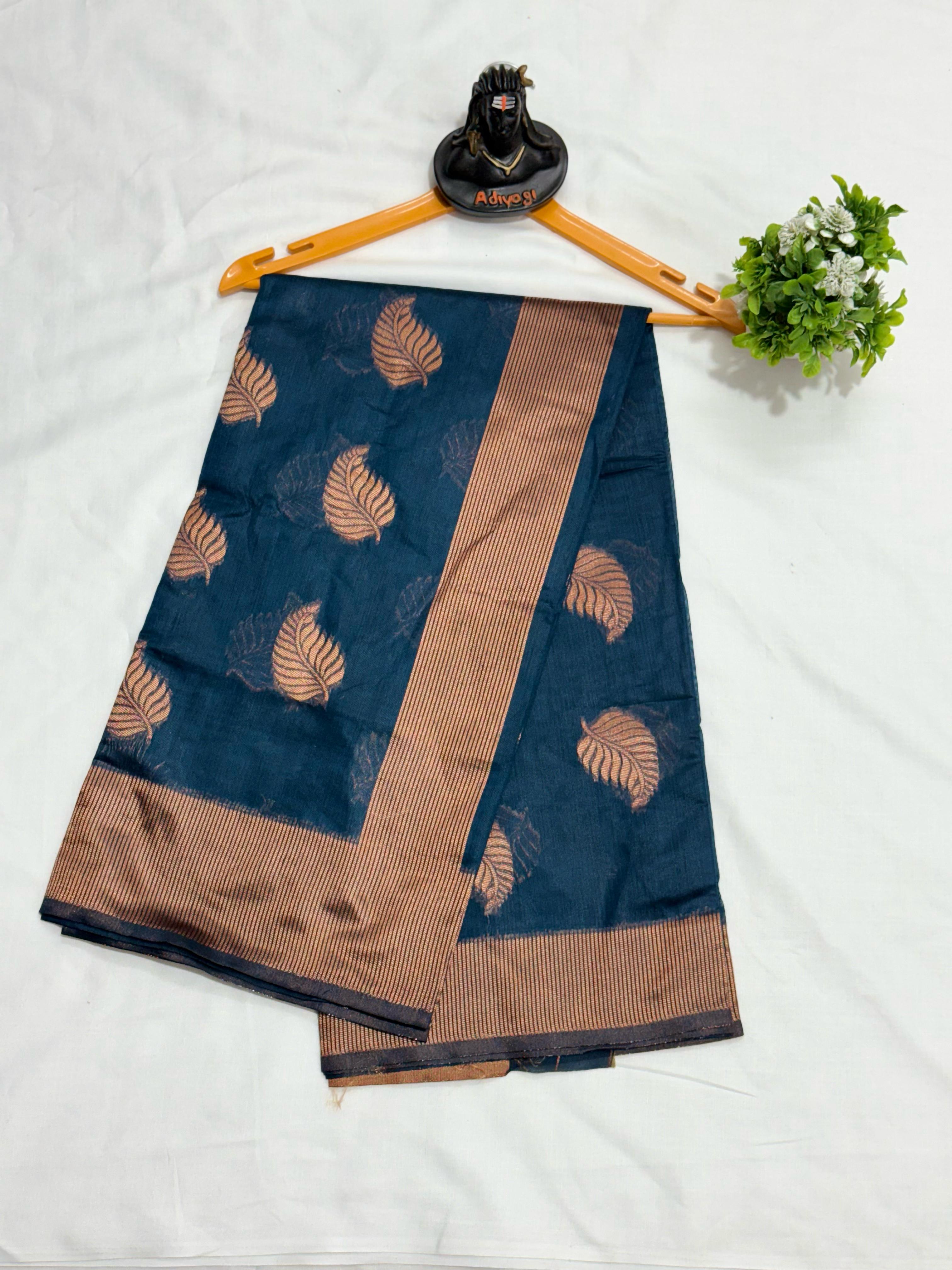 Exquisite Banarsi Soft Silk Saree with copper jari leaf weaving and jacquard blouse