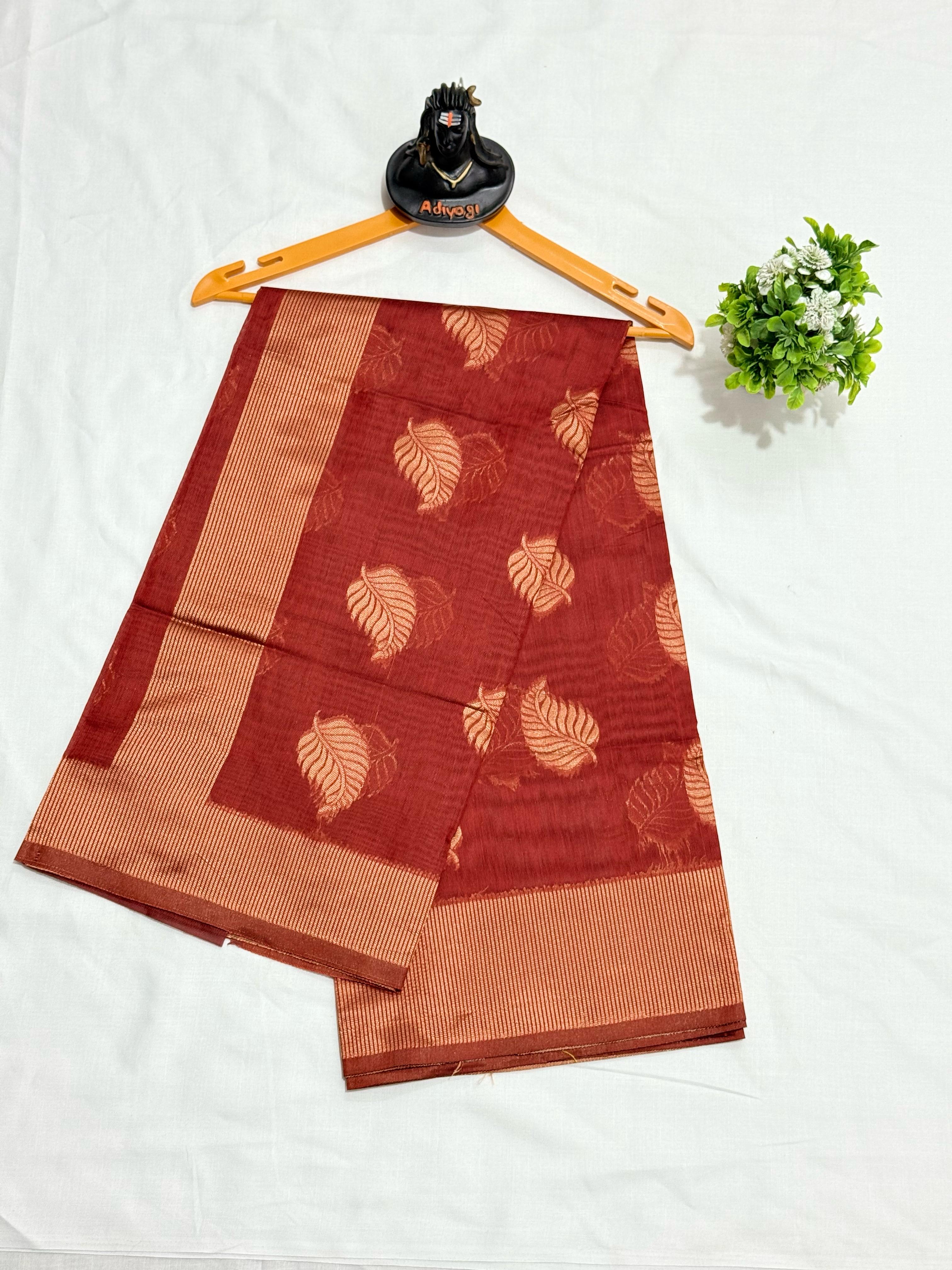 Exquisite Banarsi soft silk saree with copper jari leaf weaving and jacquard blouse