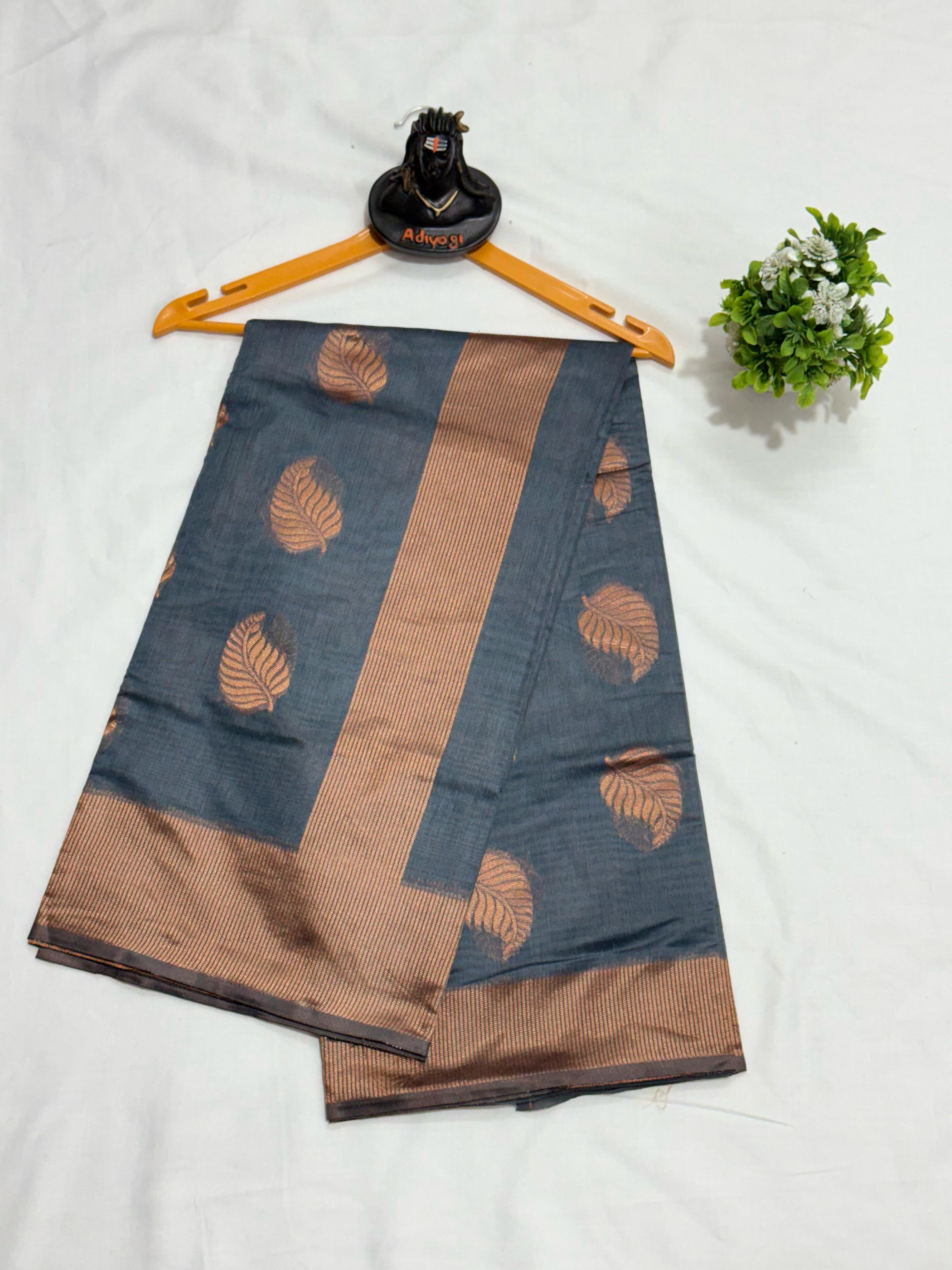 Banarsi soft silk saree with copper jari leaf weaving and jacquard blouse