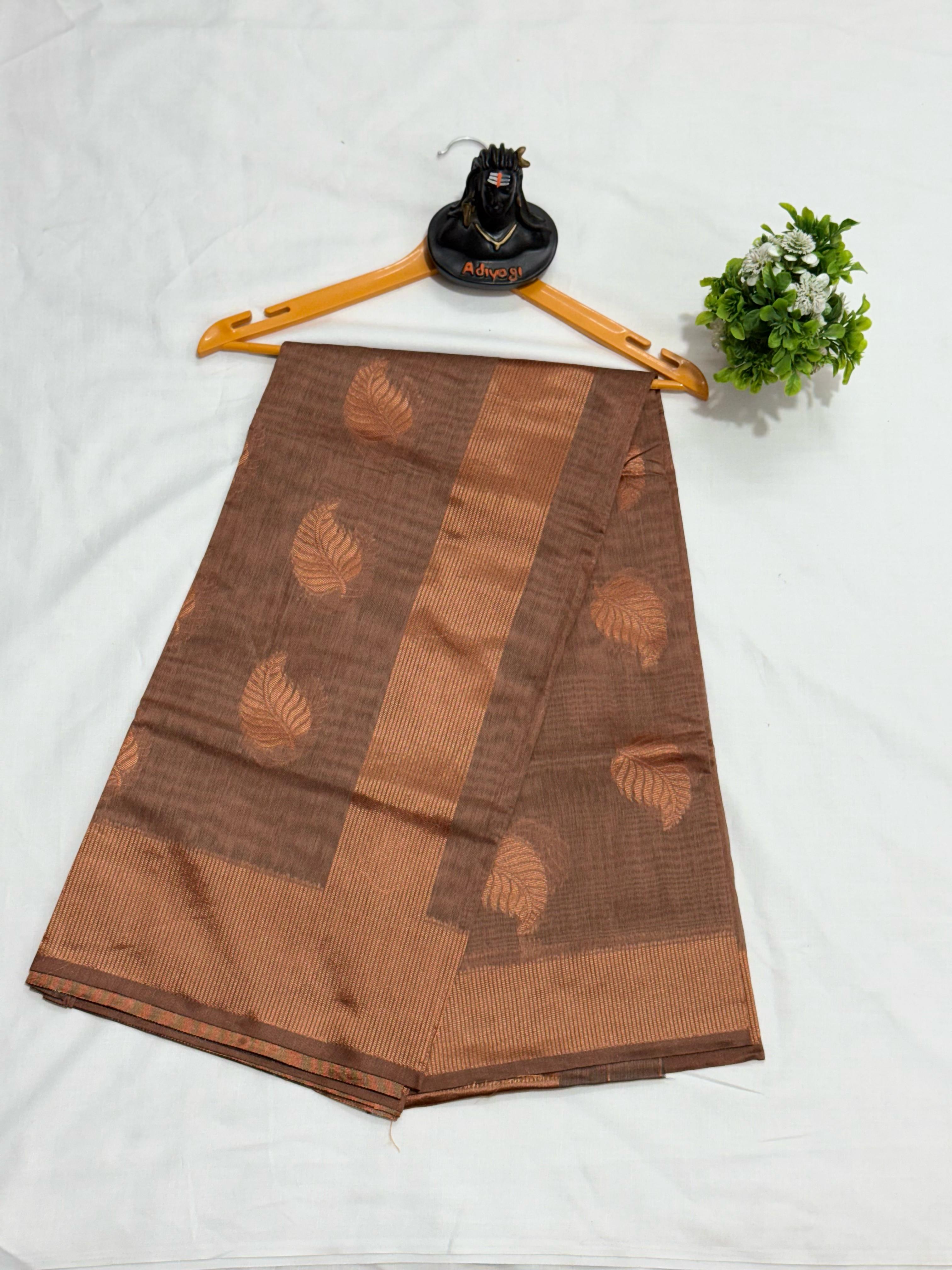 Exquisite Banarsi soft silk saree with copper jari leaf weaving & jacquard blouse