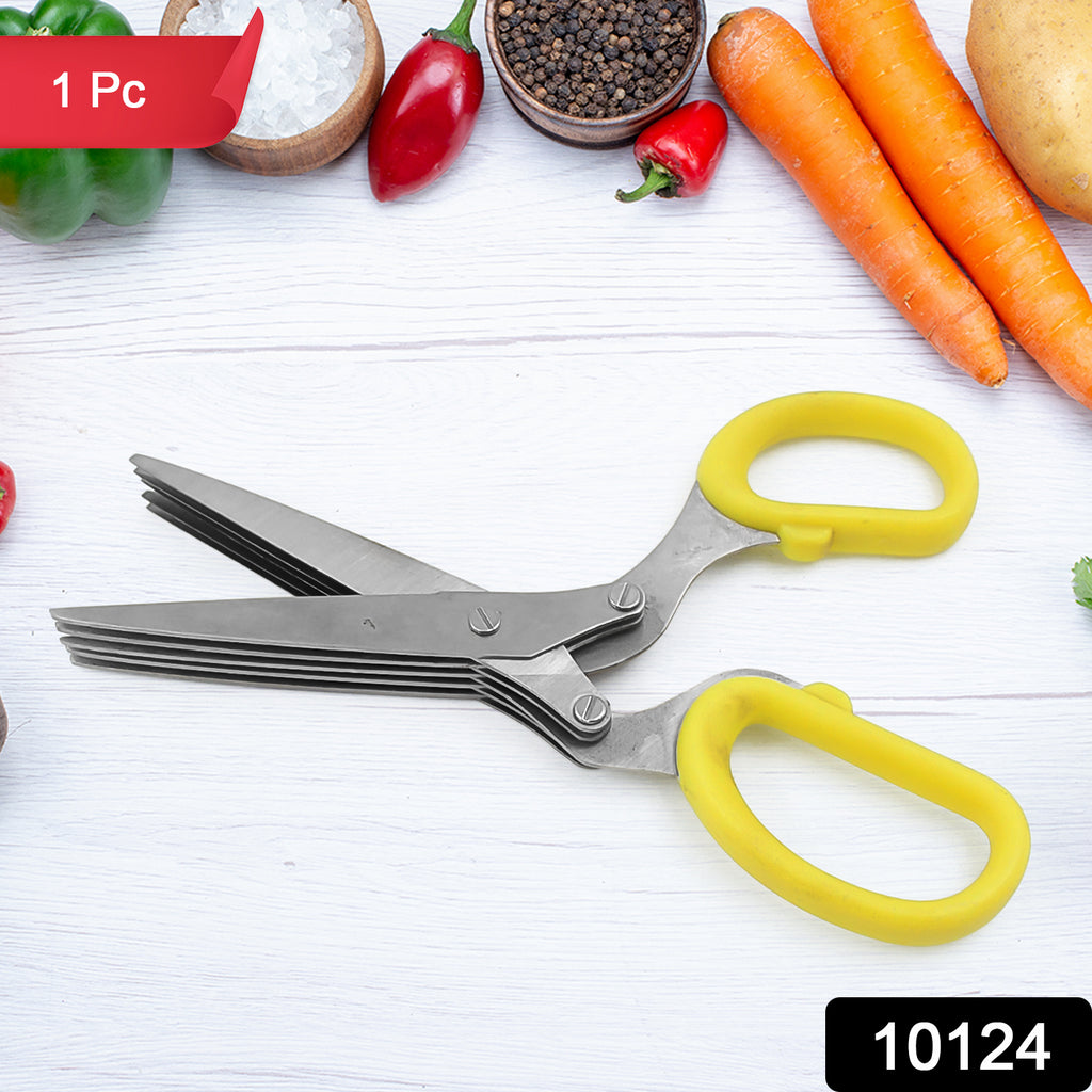 Multifunction 5-blade stainless steel herb scissors with green handle and cleaning comb for vegetables.