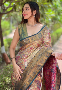 Premium Dharmavaram Silk Blend Saree with Zari Weaving and Unstitched Blouse for Weddings & Festive Wear