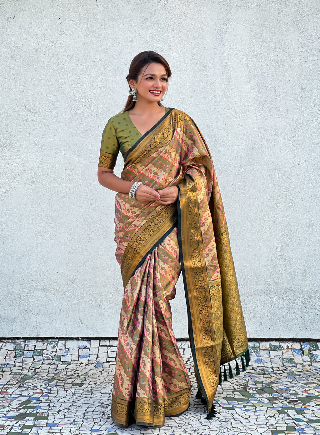 Golden Aura Dharmavaram Leheriya Silk Saree with Meenakari & Rich Zari Weave