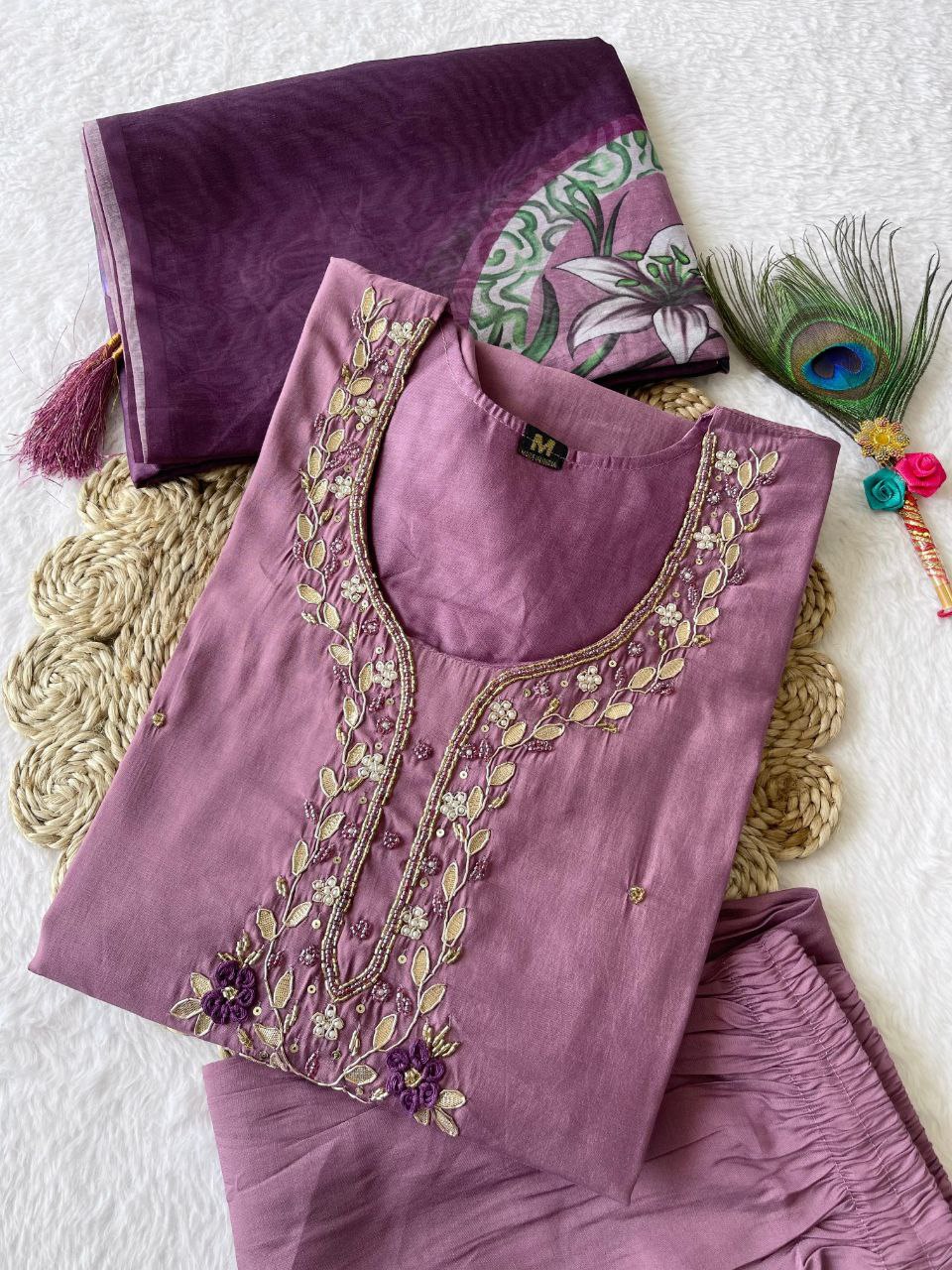 Diwali Special Light Wine Kurti Pant Dupatta Set