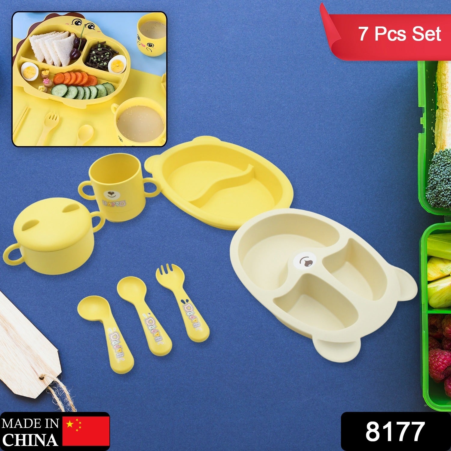 Baby Feeding Set For Kids And Toddlerschildren Children Dinnerware Set - Bamboo Fibre Feeding Set For Kids Cartoon Design Plate Cup Spoon Fork And Chopsticks Tableware Cutlery For Kids Microwave Dishwasher Safe (7 Pcs Set)