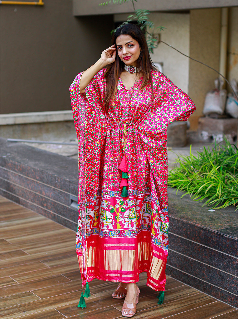 Elephant Patola Prints Pure Gajji Silk Kaftan