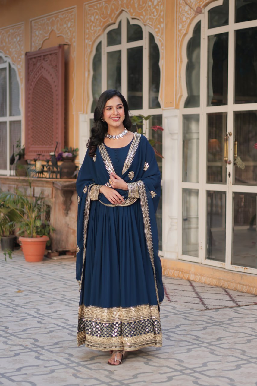 Dark blue embroidered Bangalori silk party wear Anarkali suit