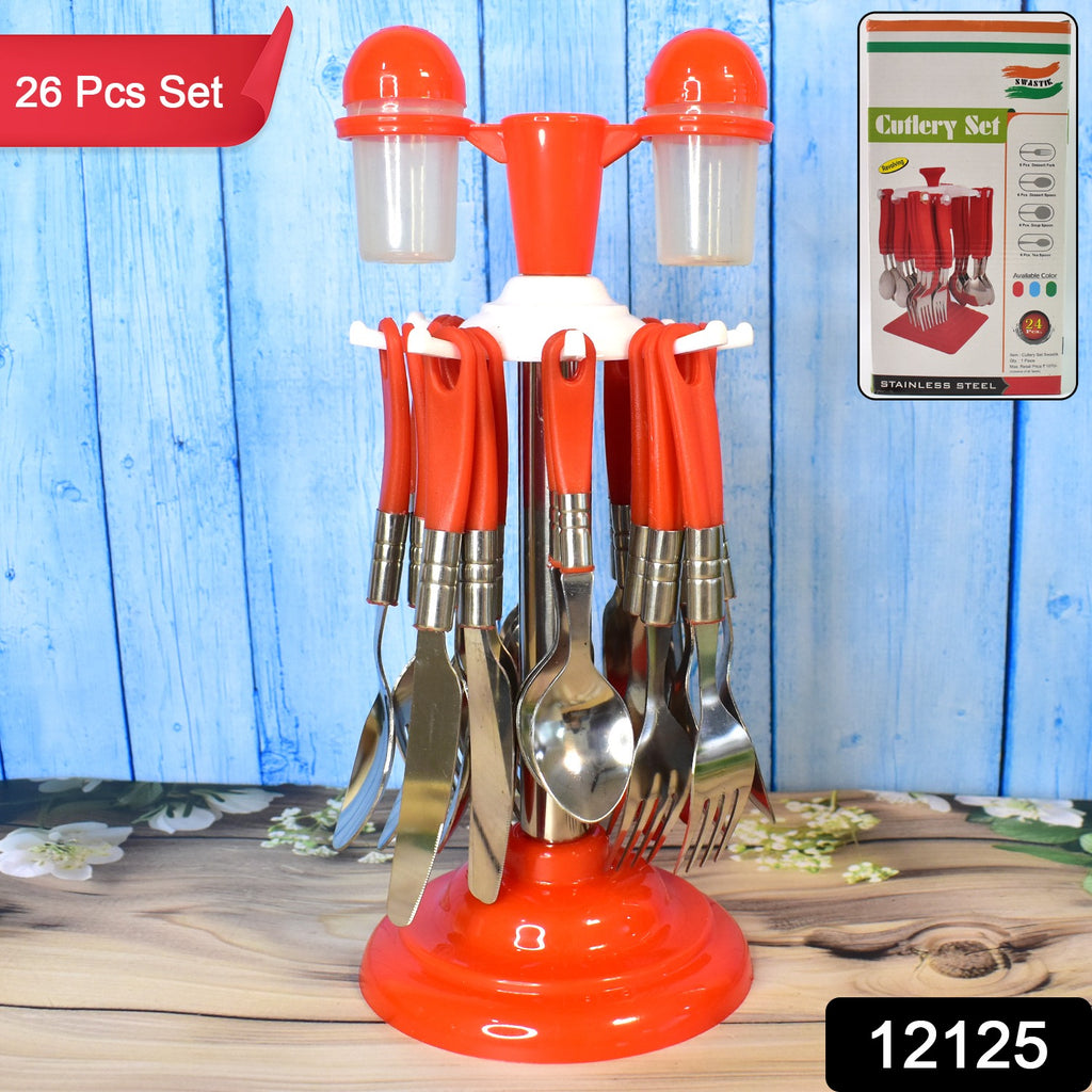 Luxury 26-piece stainless steel cutlery set with stand for dining table.