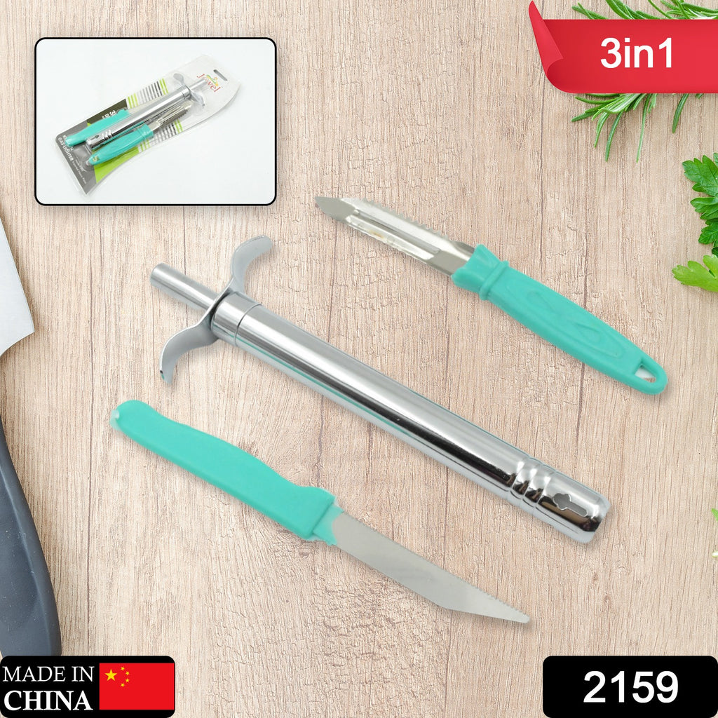 3-in-1 kitchen combo featuring a kitchen lighter, stainless steel knife, and peeler.
