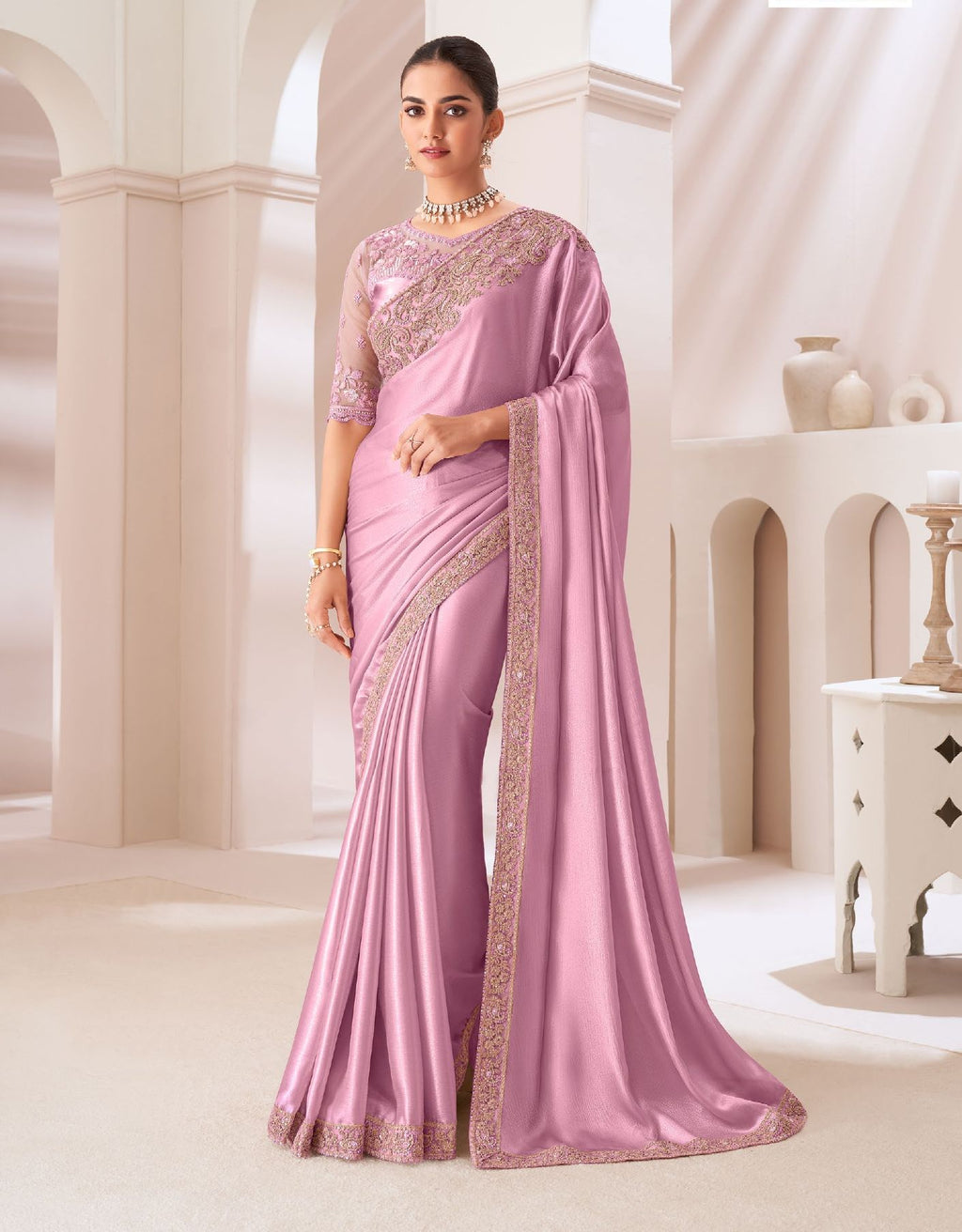 Fancy Satin Chiffon Saree with Blouse, beautifully draped on a model