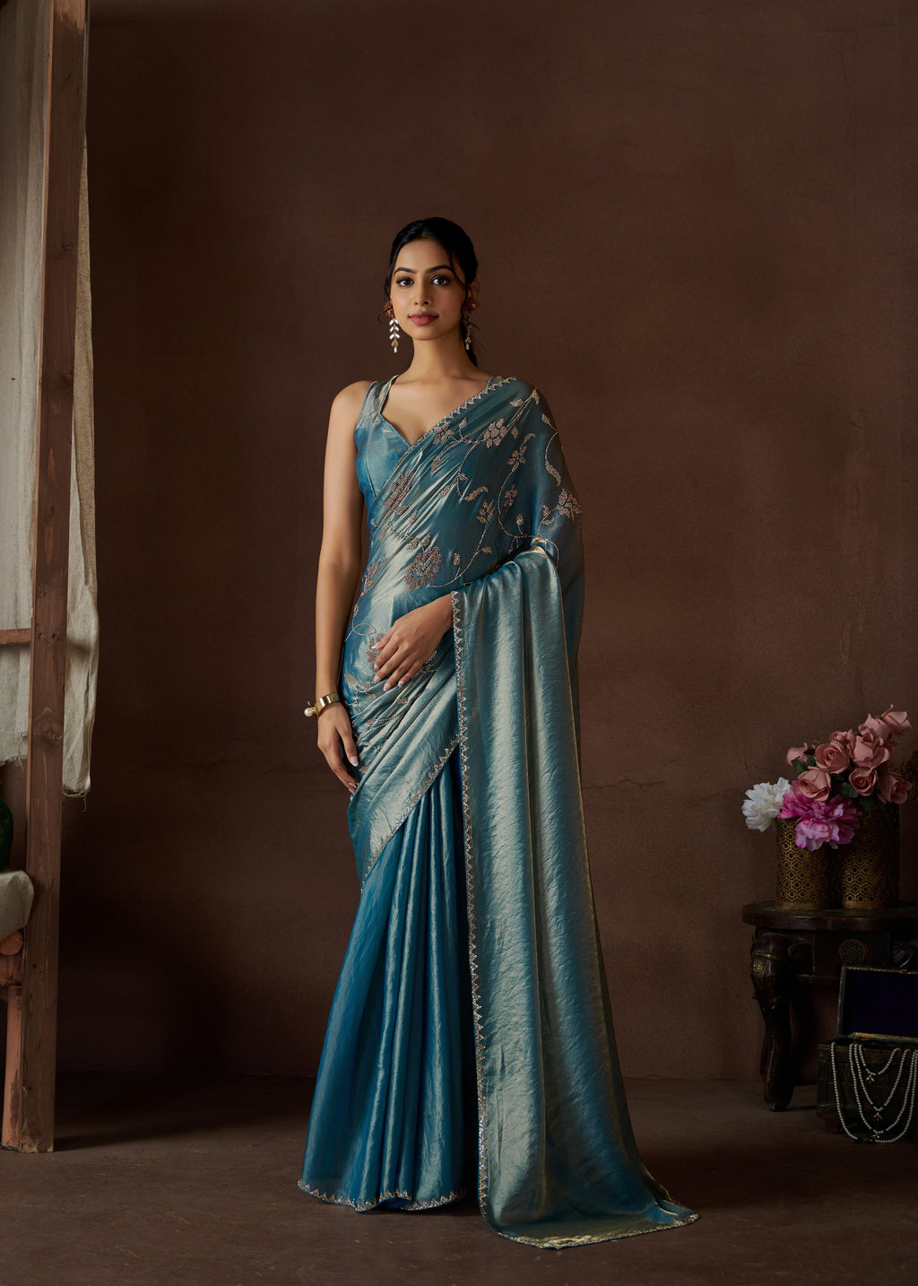 Vibrant festival wear satin handwork silk saree, showcasing intricate craftsmanship.
