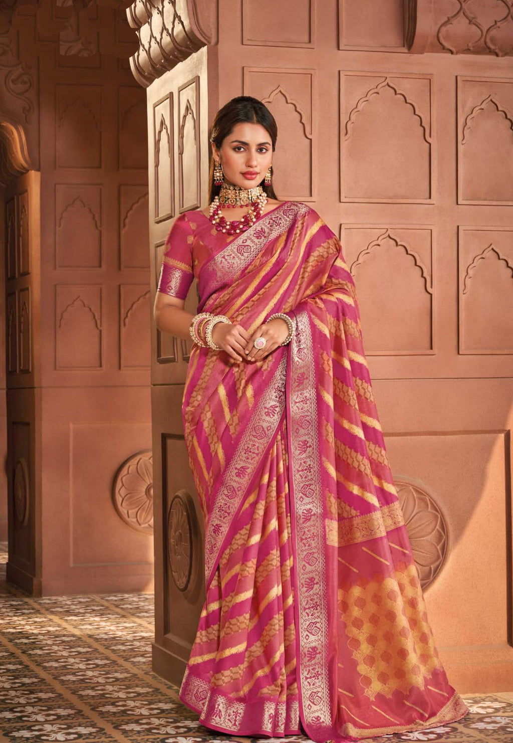 Soft silk saree with elegant zari print, ideal for festival wear.