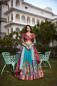 Firozi Color Dola Silk Kalamkari Printed Lehenga Choli | TRENDBUY